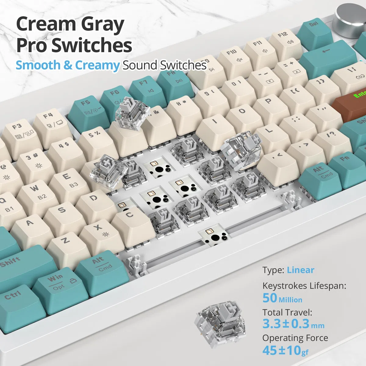 SOLIDEE teclado intercambiable en caliente 75% con perilla,Bluetooth 5.0/2.4GHz/USB-C Teclado mecánico Gasket,retroiluminación RGB teclado mecánico para juegos para Win Mac,Cream Grey Switch(82 Brown)