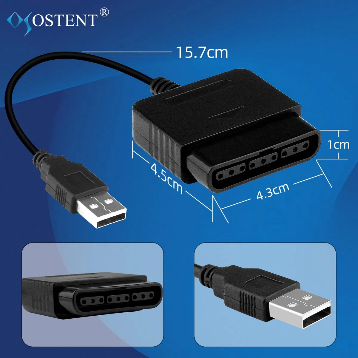 OSTENT Adaptador USB Cable Convertidor para Sony PlayStation 1/2 PS One PSX Mando con Cable Gamepad Joystick a PC Portátil