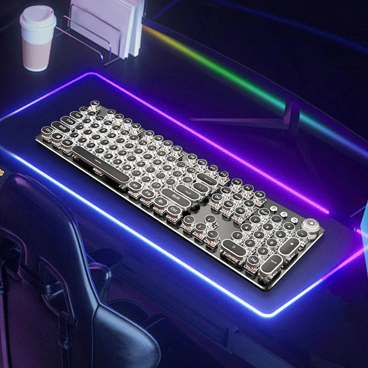 Teclado mecánico para Jugar Retro Punk de 104 Teclas, Teclado Steampunk, Teclado de iluminación, Teclado de Juego Vintage, Teclas Redondas para PC
