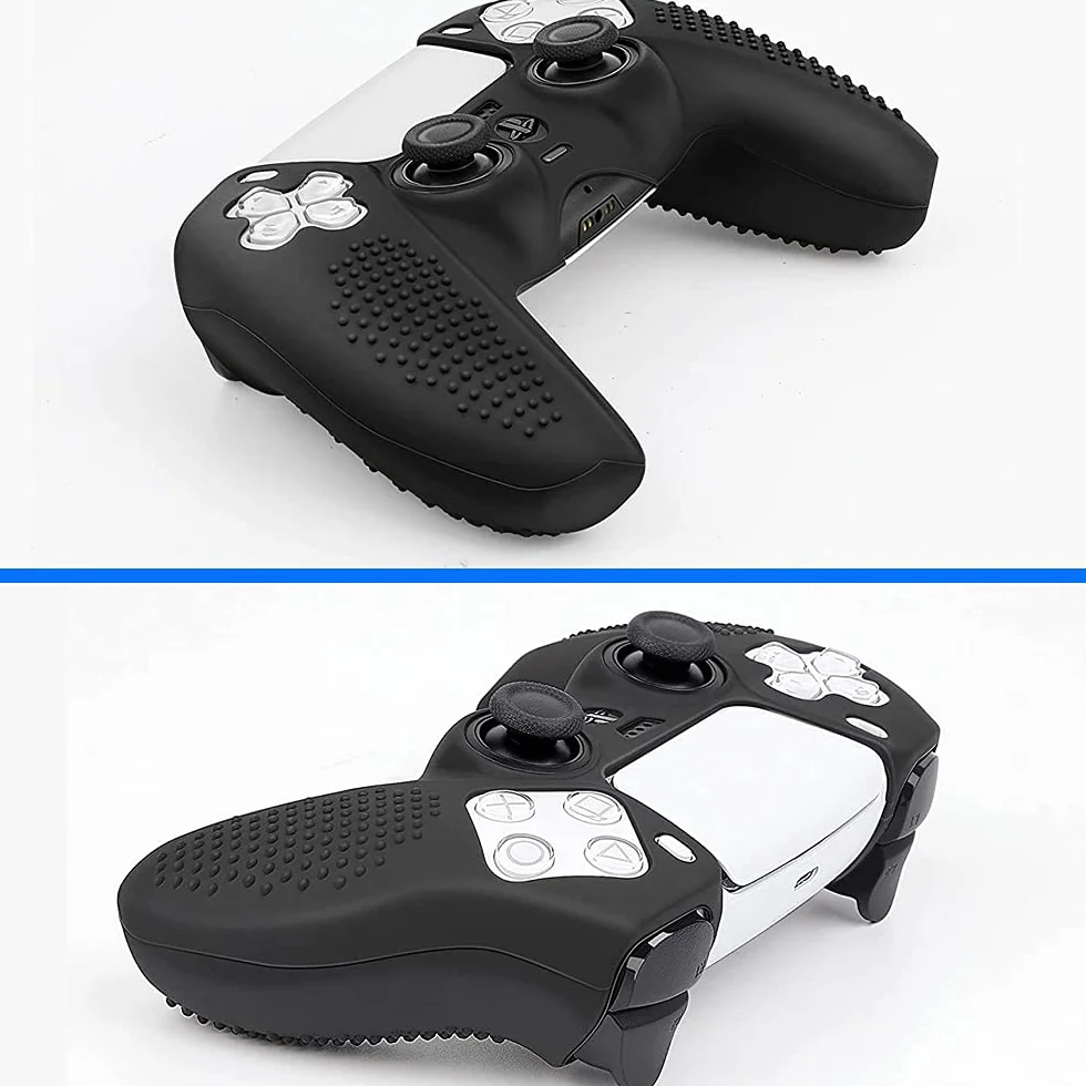 MMOBIEL Cubierta de Piel Antideslizante de Caucho de Silicona con 5 agarres de Pulgar de Diferentes tamaños Compatible con el Controlador DualSense para PS5 - Negro