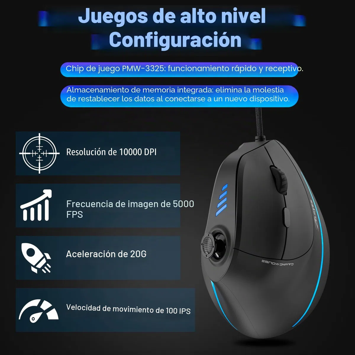 TRELC Ratón para Juegos con balancín 5D, Mouse ergonómico con 10000 DPI/11 Botones programables, Mouse Vertical RGB para Juegos con Cable para PC/portátil/Deportes electrónicos/Jugadores (Negro)