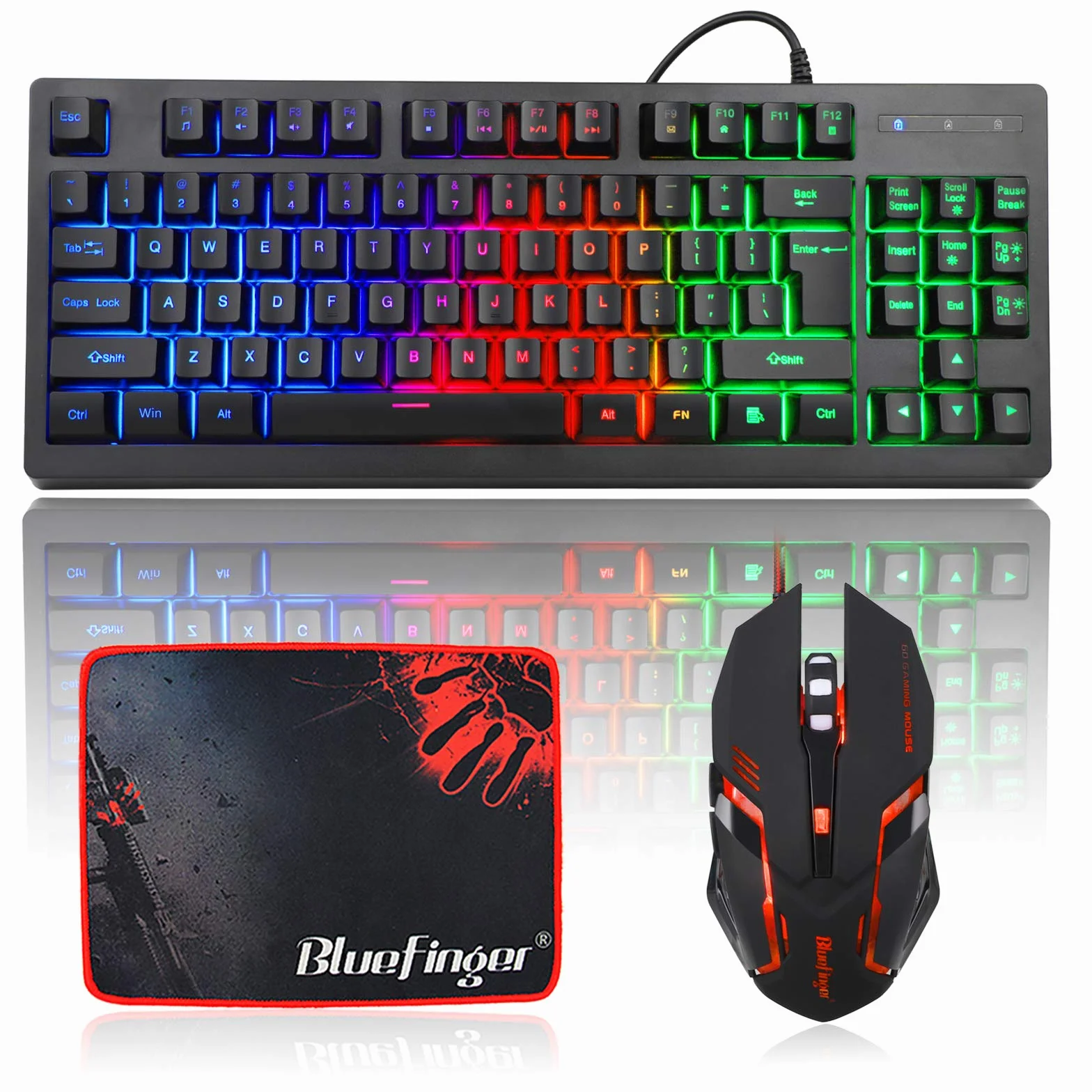 BlueFinger Combo de teclado RGB para juegos de 87 teclas y mouse retroiluminado, teclado arco iris con cable USB, juego de teclado para juegos de computadora portátil y trabajo