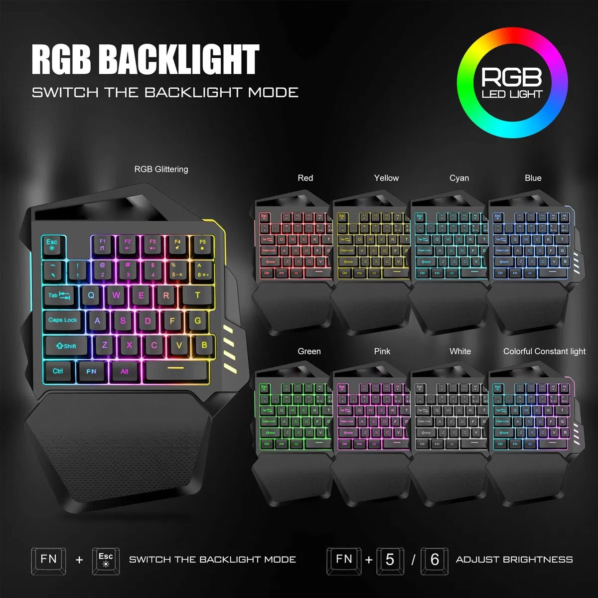 ASHATA Teclado para Juegos con una Sola Mano, Mini RGB Retroiluminado Colorido 2.4G Teclado Inalámbrico para Juegos para PC Gamer, con Reposamuñecas Desmontable, 35 Teclas