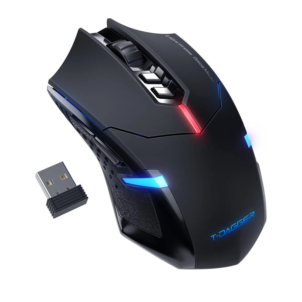 T-DAGGER Ratón inalámbrico para Juegos - Ratones inalámbricos USB para computadora con retroiluminación LED roja, Mouse ergonómico silencioso para Laptop con 7 Botones de Clic silenciosos, 5 dpi