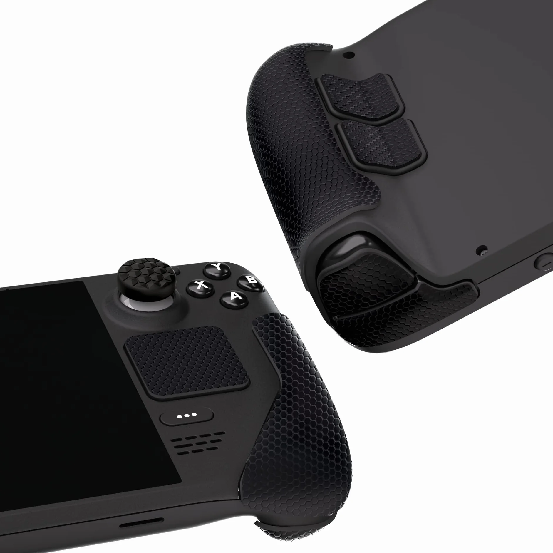 PlayVital Almohadilla de Goma Suave con Textura para Steam Deck LCD & OLED Pegatina para Mejorar el Agarre de la Piel Protector con Botón Trasero y Tapas de Pulgar(Panal Textura-Negro)