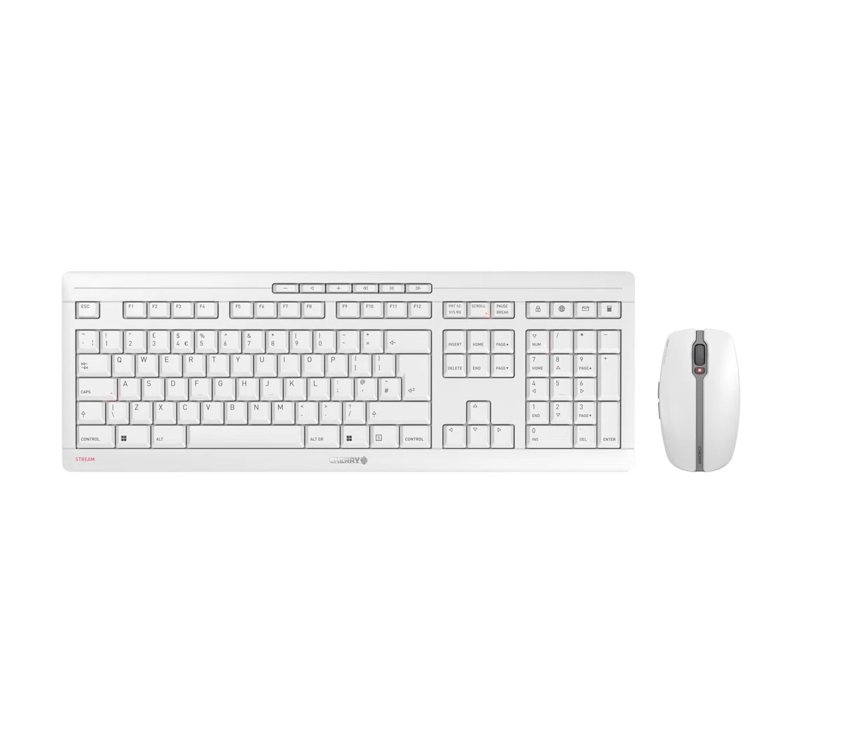 CHERRY STREAM DESKTOP RECHARGE, Pack de Teclado y Ratón Inalámbricos, Distribución de Teclado Inglés UK (QWERTY), Radiofrecuencia 2,4 GHz, Teclas Silenciosas, Recargable, Blanco/Gris