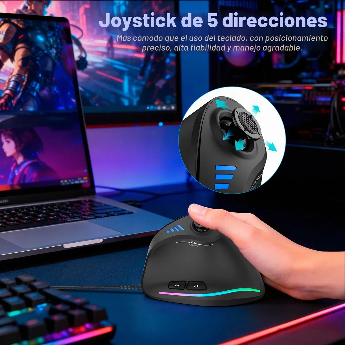 TRELC Ratón para Juegos con balancín 5D, Mouse ergonómico con 10000 DPI/11 Botones programables, Mouse Vertical RGB para Juegos con Cable para PC/portátil/Deportes electrónicos/Jugadores (Negro)