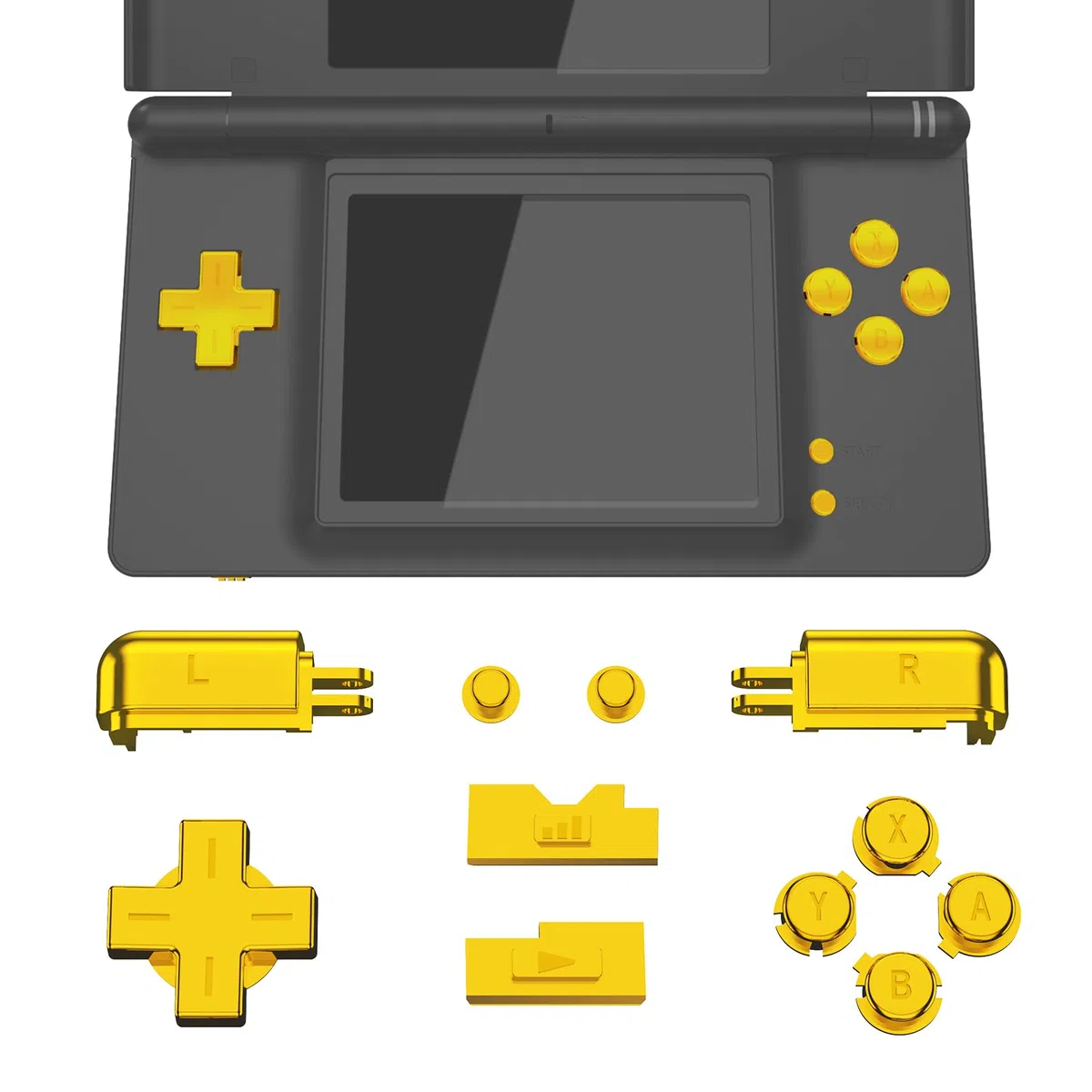 eXtremeRate Botones de Repuesto para Nintendo DS Lite, D-pad A B X Y R L Start y Select, Teclas de Volumen Power - Sin Consola Portátil, Dorado Cromo