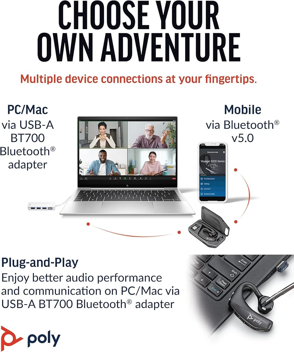 Plantronics Voyager 5200UC Wireless Headset & Charging Cradle (Poly), Auricular Bluetooth de un solo oído (mono) con micrófono con cancelación de ruido - se conecta al móvil/mac/PC mediante Bluetooth