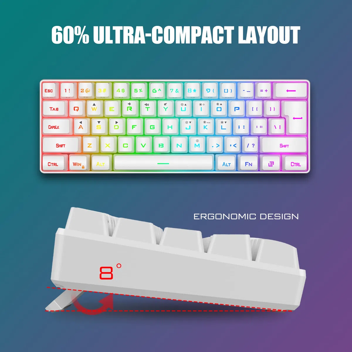 RedThunder 60% Gaming Keyboard and Mouse Combo, Ultra-Compact 61 Keys RGB Backlit Mini Keyboard, Lightweight 7200 dpi Honeycomb Optical, Wired Gaming Set for PC Mac PS5 Xbox Gamer(White)