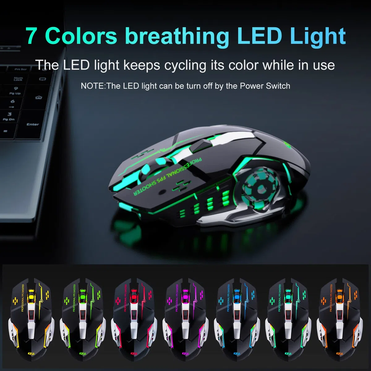QELIROKY Ratón inalámbrico recargable de 2.4 G para juegos, clic silencioso con 6 botones, 3 niveles ajustables DPI, luces LED coloridas para laptop, iPad, MacOS, PC, Windows, Android (negro)