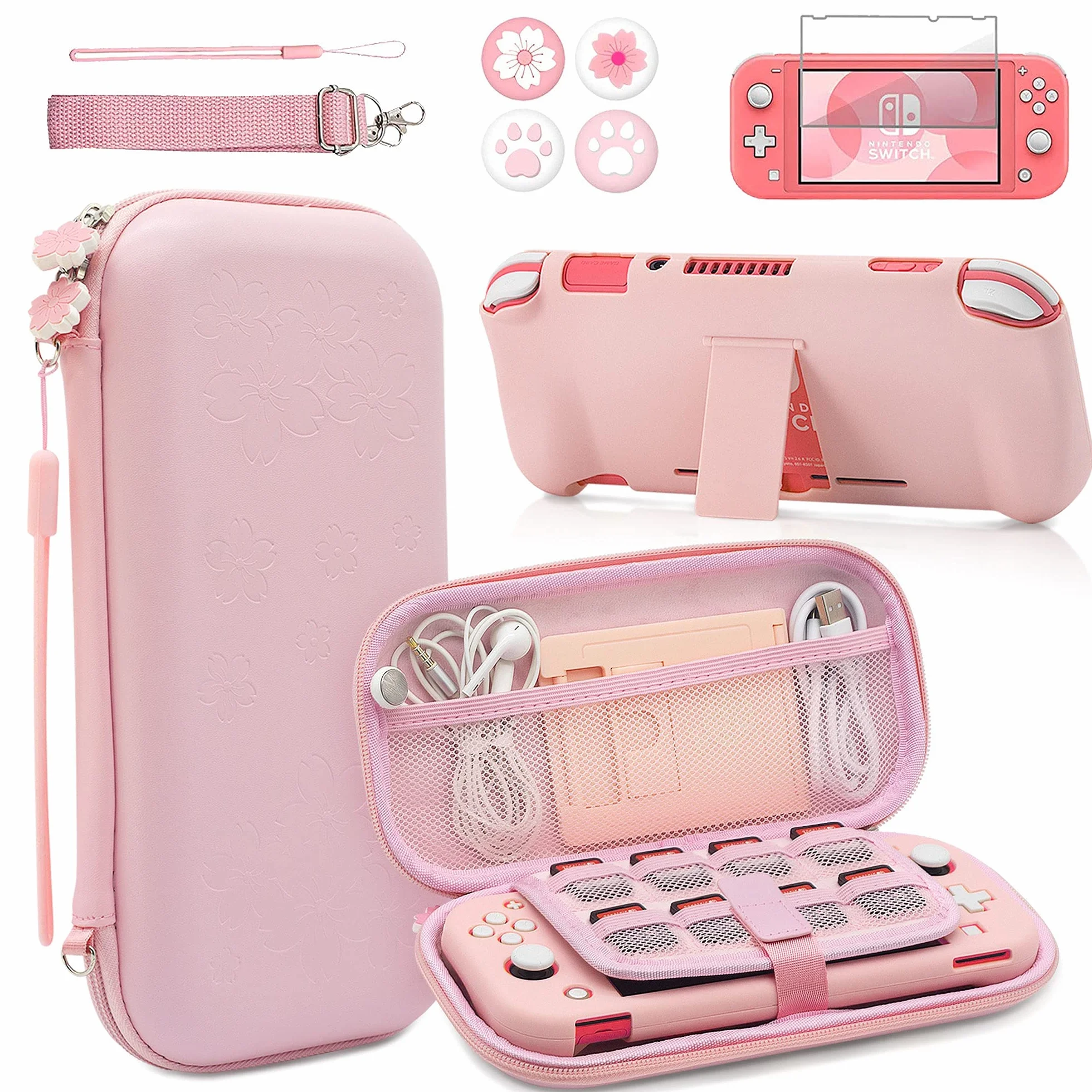 BRHE - Juego de funda y accesorios rosas de viaje para Switch Lite, funda protectora dura con soporte, protector de pantalla, tapas de agarre para pulgar, 9 en 1