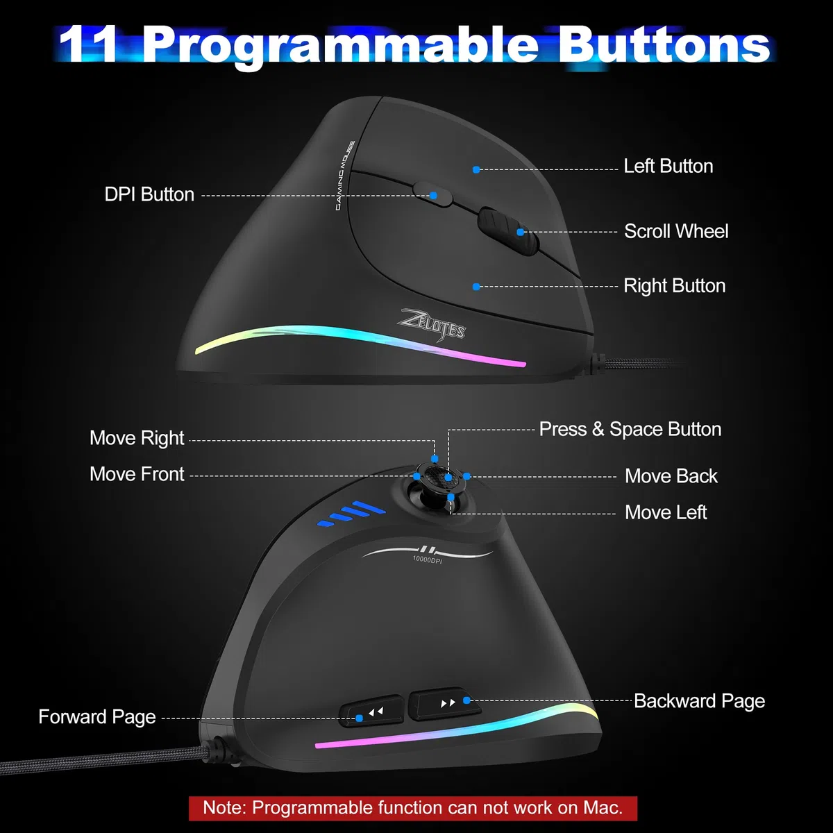 TRELC Ratón para Juegos con balancín 5D, Mouse ergonómico con 10000 DPI/11 Botones programables, Mouse Vertical RGB para Juegos con Cable para PC/portátil/Deportes electrónicos/Jugadores (Negro)