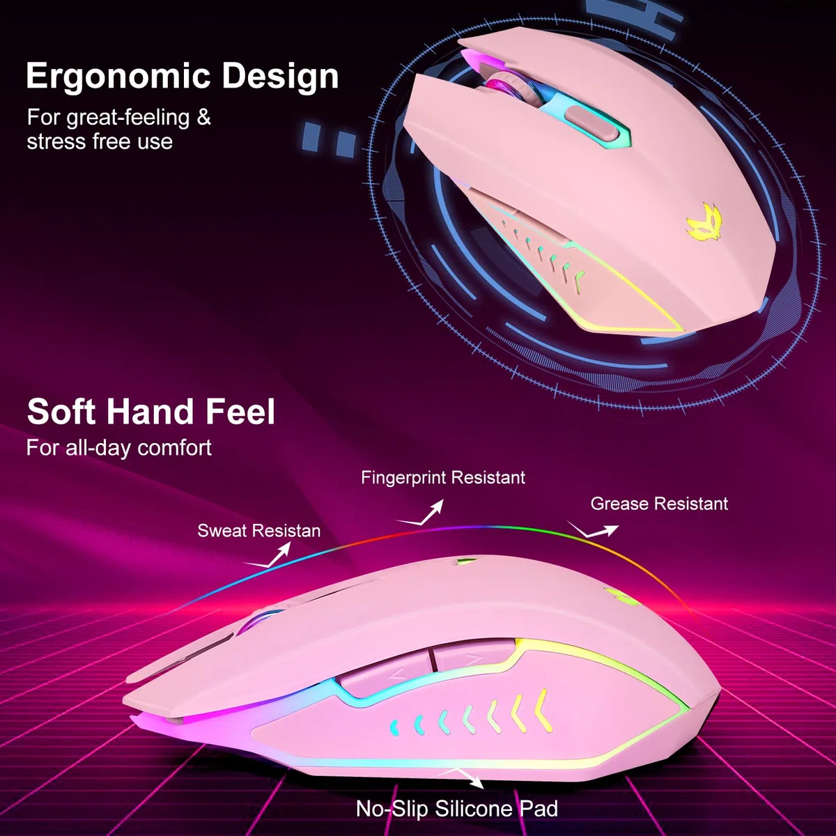 Ratón inalámbrico para juegos, mouse inalámbrico recargable para computadora, luz LED de 7 colores, mouse ergonómico con 6 botones de clic silenciosos, 3 mouse inalámbrico ajustables de
