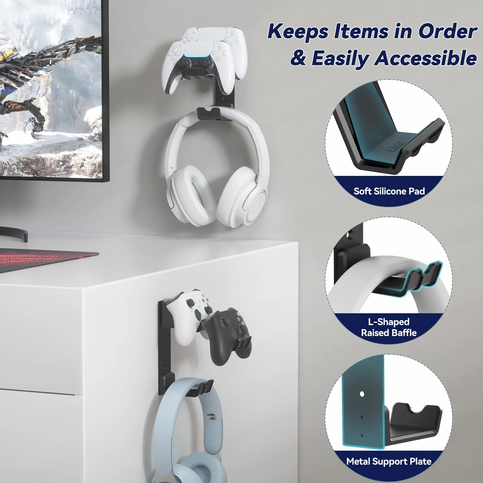 KDD Dos Soporte Mando Gamepad, Universal Soporte Auriculares Pared & Gancho Controlador de Pared, Instalación Adhesiva o con Tornillos para Cascos Xbox PS5/4/3 Switch STEAM Juegos Accesorios Gaming PC