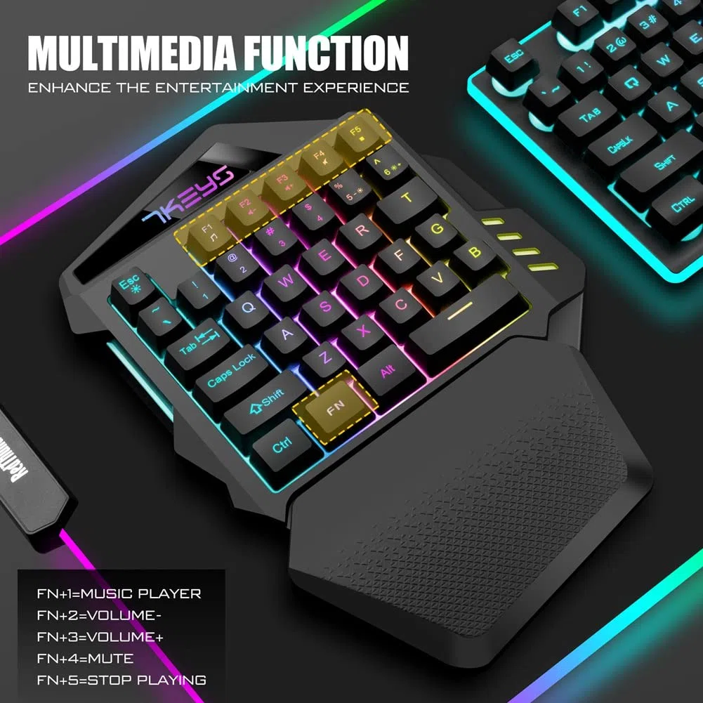 Teclado sin Mecánica de una sola mano Mini Controlador de Teclado Portátil Retroiluminado RGB para PC Gamer