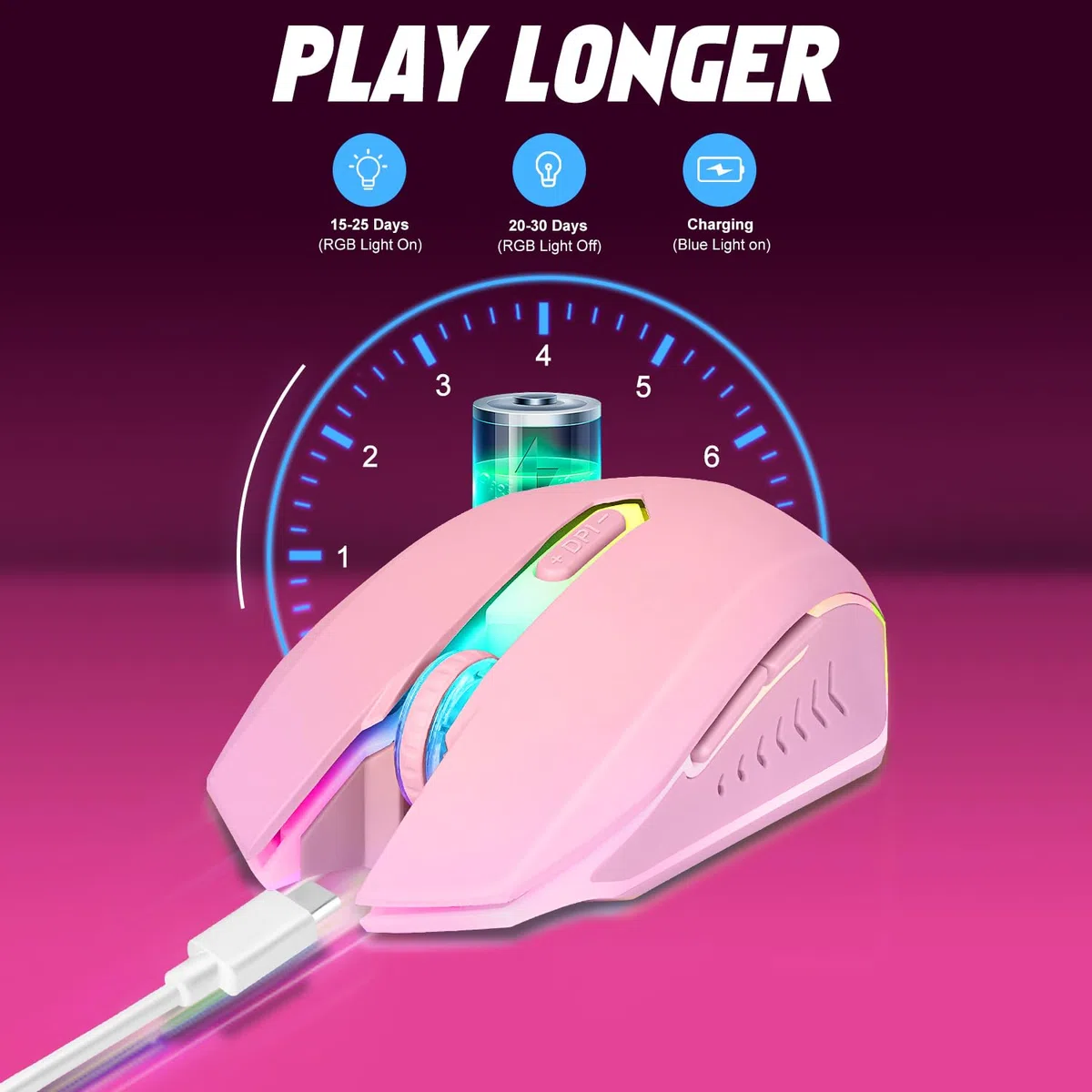 Ratón inalámbrico para juegos, mouse inalámbrico recargable para computadora, luz LED de 7 colores, mouse ergonómico con 6 botones de clic silenciosos, 3 mouse inalámbrico ajustables de