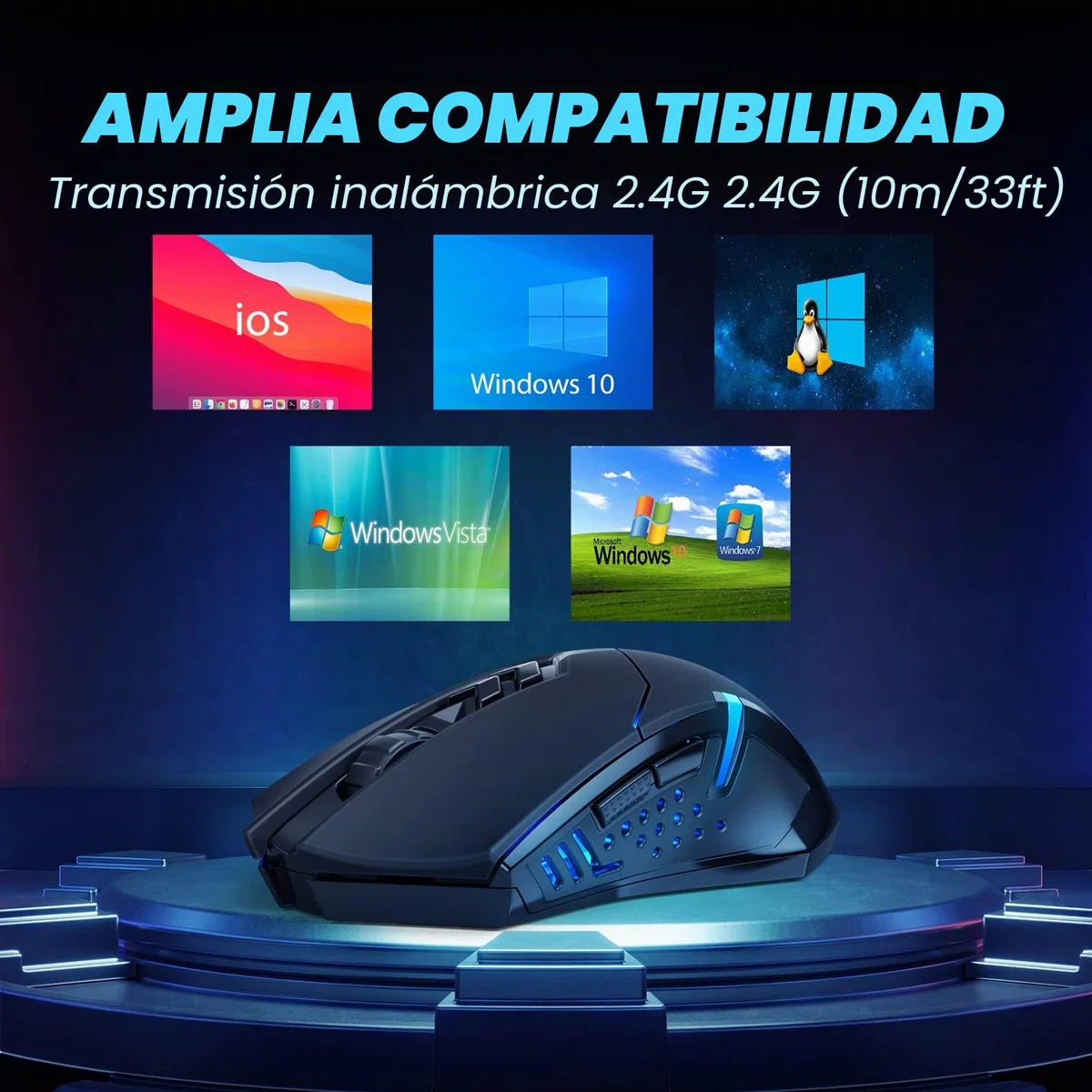 T-DAGGER Ratón inalámbrico para Juegos - Ratones inalámbricos USB para computadora con retroiluminación LED roja, Mouse ergonómico silencioso para Laptop con 7 Botones de Clic silenciosos, 5 dpi