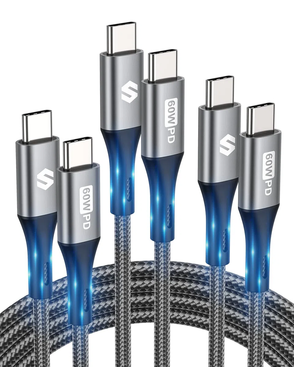 Cable USB-C a USB-C [3-Pack, 1M+2M+2M] 60W 20V/3A, Cable Carga Rapida Tipo-C Nylon para iPad Air, iPad Pro, iPad Mini 6, MacBook Pro/Air, Pixel, Samsung Galaxy S22 S21 S20 Galaxy Tab, Fire Tablets