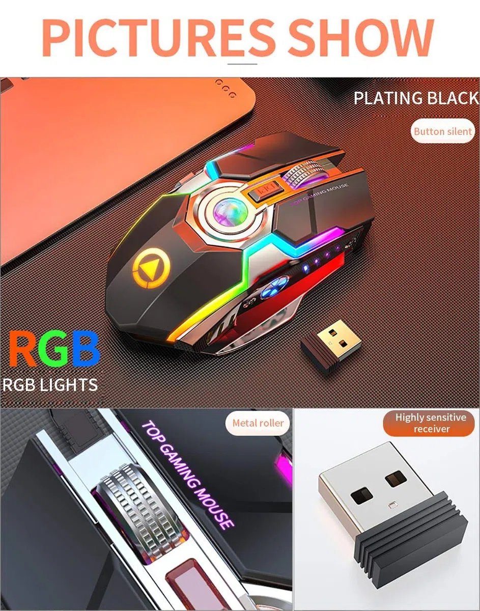 Ratón inalámbrico para juegos de carga ergonómico silencioso de 7 botones RGB retroiluminado 1600 DPI, adecuado para jugadores portátiles Negro