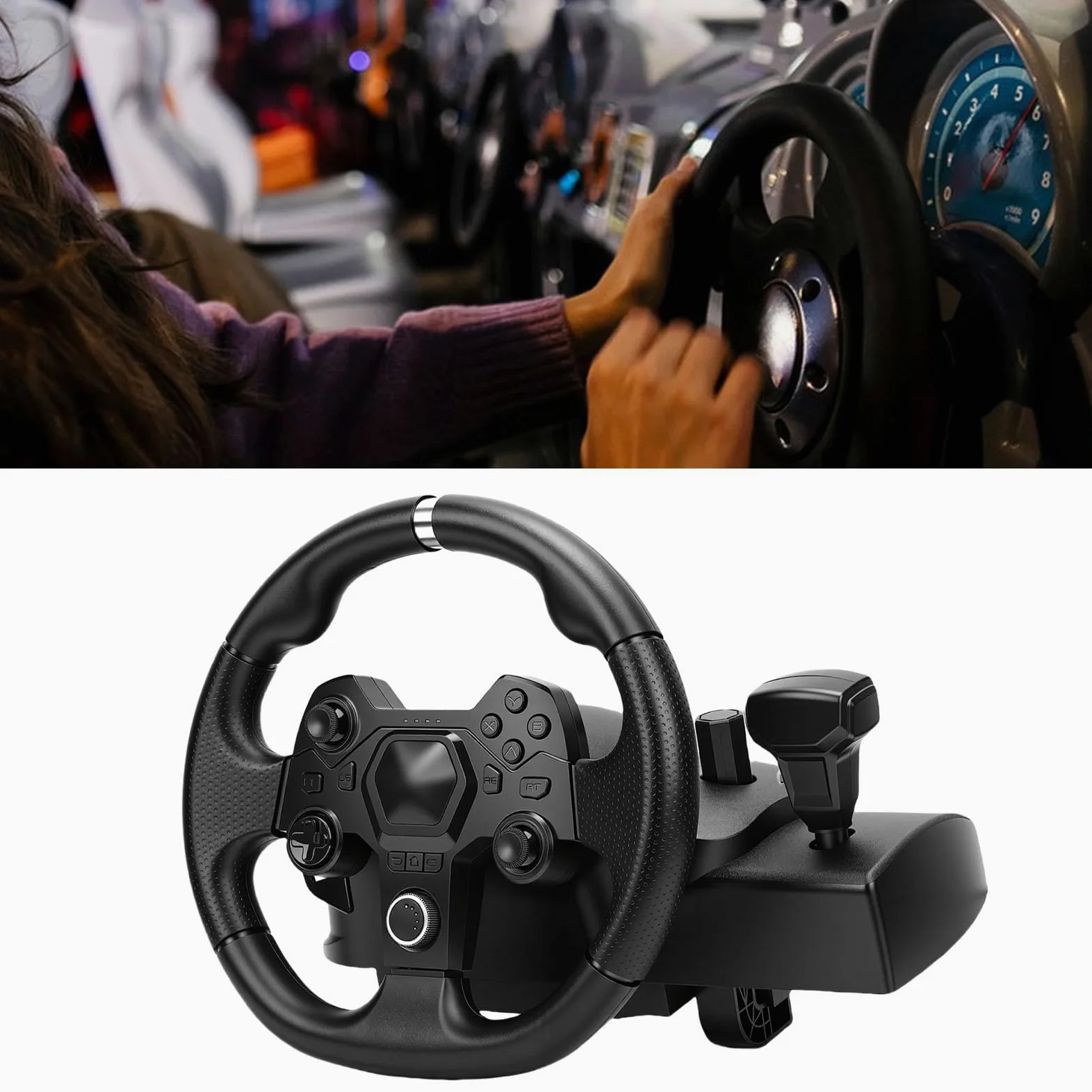 Yanmis Driving Force Volante de Carreras y Pedales de Piso, Real Force Feedback, Juego de Volante Gaming para, para, PC, para