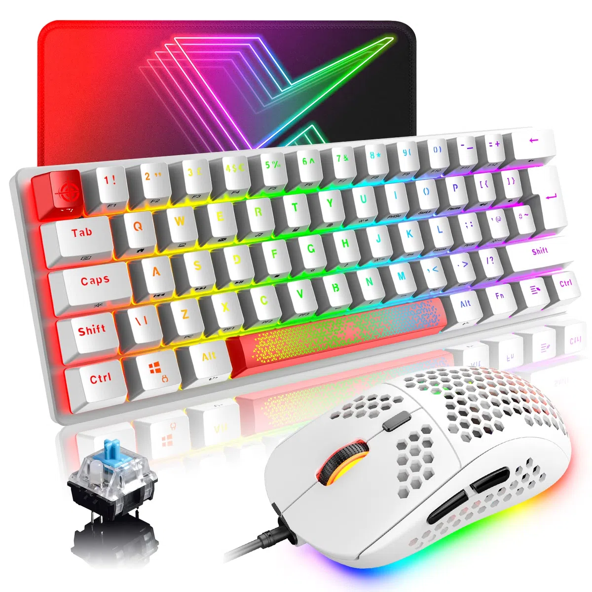 UK Layout Teclado mecánico para Juegos RGB 14 Efectos de retroiluminación Mini 62 Teclas con Cable Tipo C + Ligero RGB 6400DPI Honeycomb Mouse + Alfombrilla de ratón Compatible con PS4, Xbox, PC