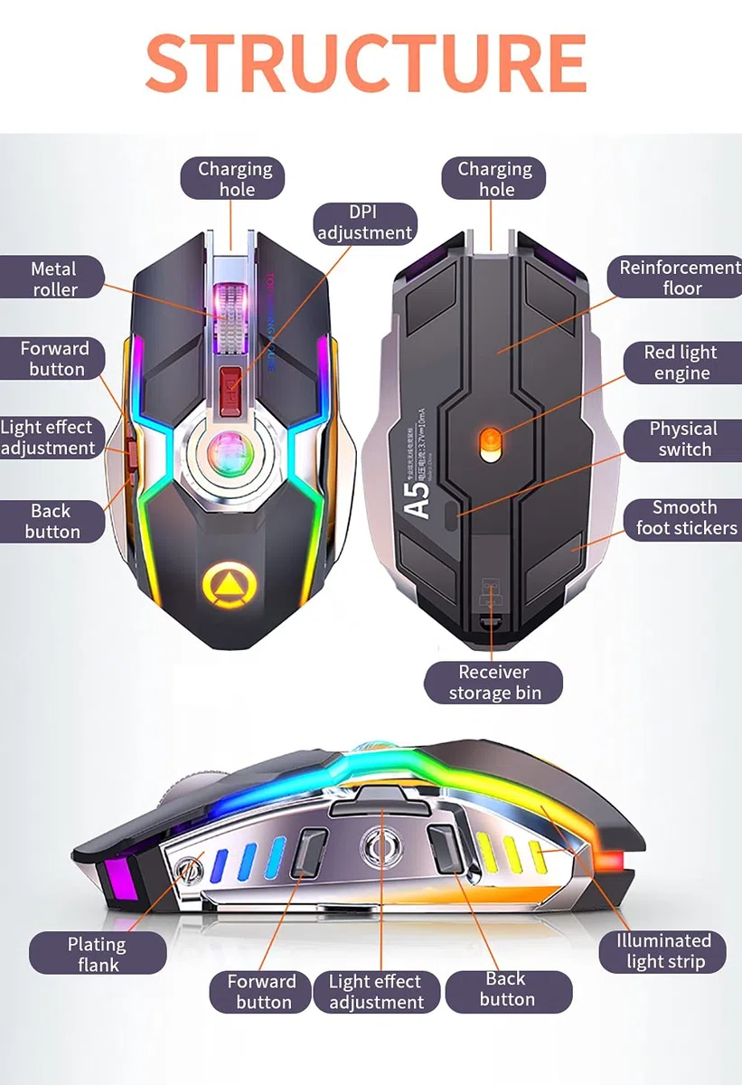 Ratón inalámbrico para juegos de carga ergonómico silencioso de 7 botones RGB retroiluminado 1600 DPI, adecuado para jugadores portátiles Negro