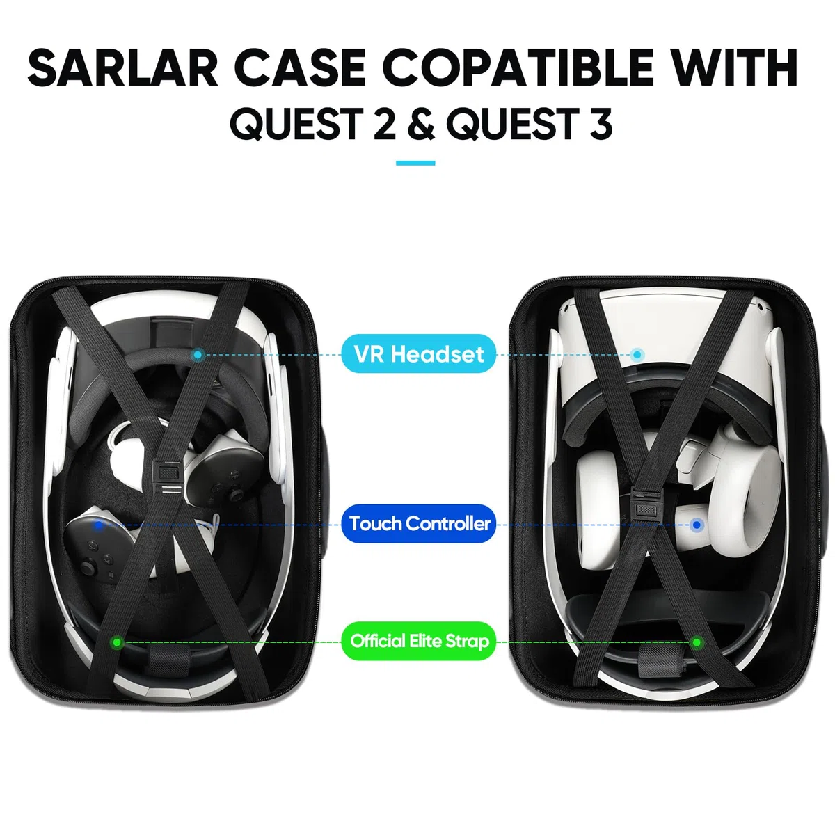 sarlar Funda protectora de viaje compatible con Oculus Meta Quest 3S/Quest 3/Quest 2, bolsa de transporte de accesorios para auriculares originales y Elite Strap VR y controladores táctiles, incluye