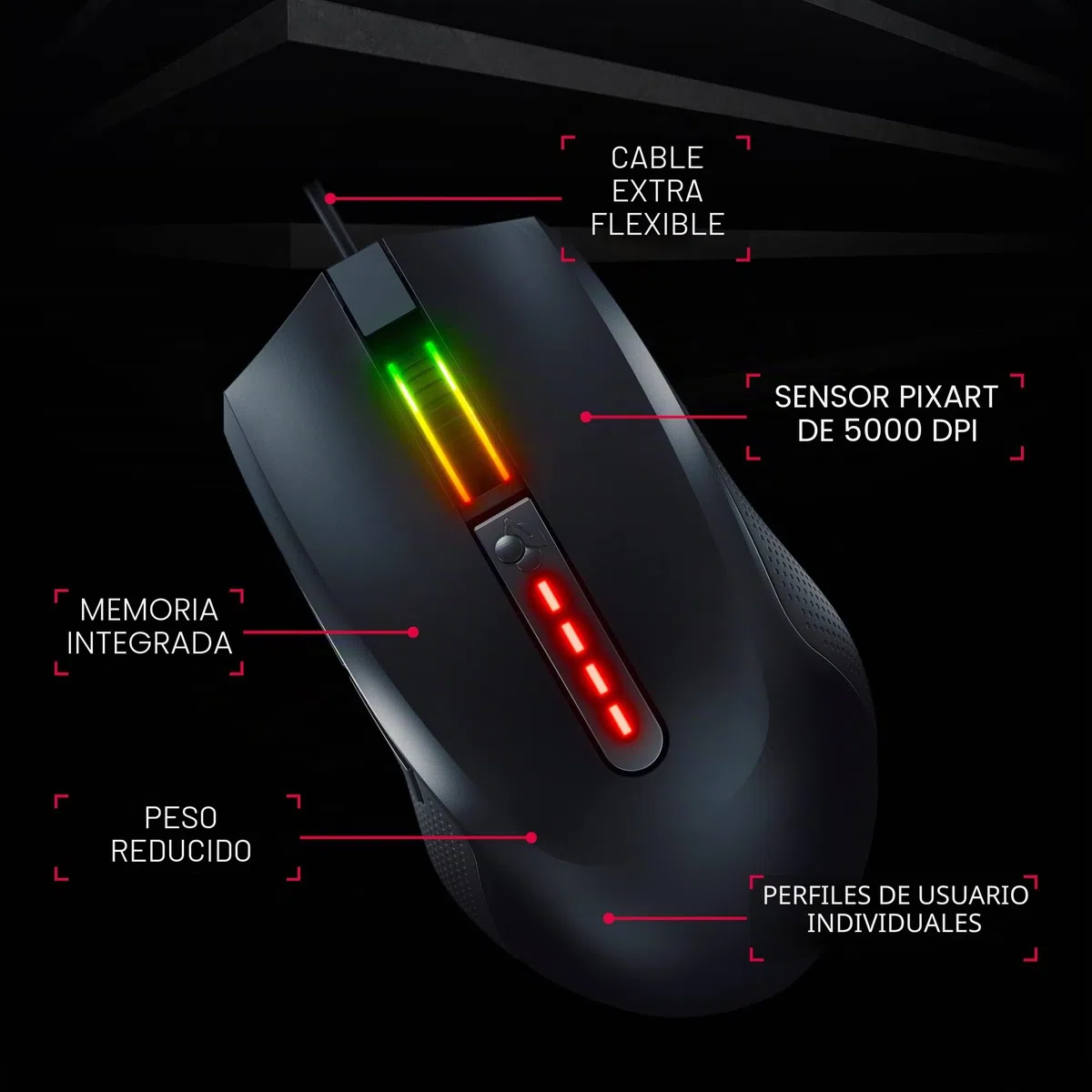 Cherry MC 2.1, Ratón Gaming con Cable, Preciso Sensor Pixart de 5000 PPP, Iluminación RGB, Perfiles de Usuario Configurables, Ratón Ergonómico para Diestros, Negro