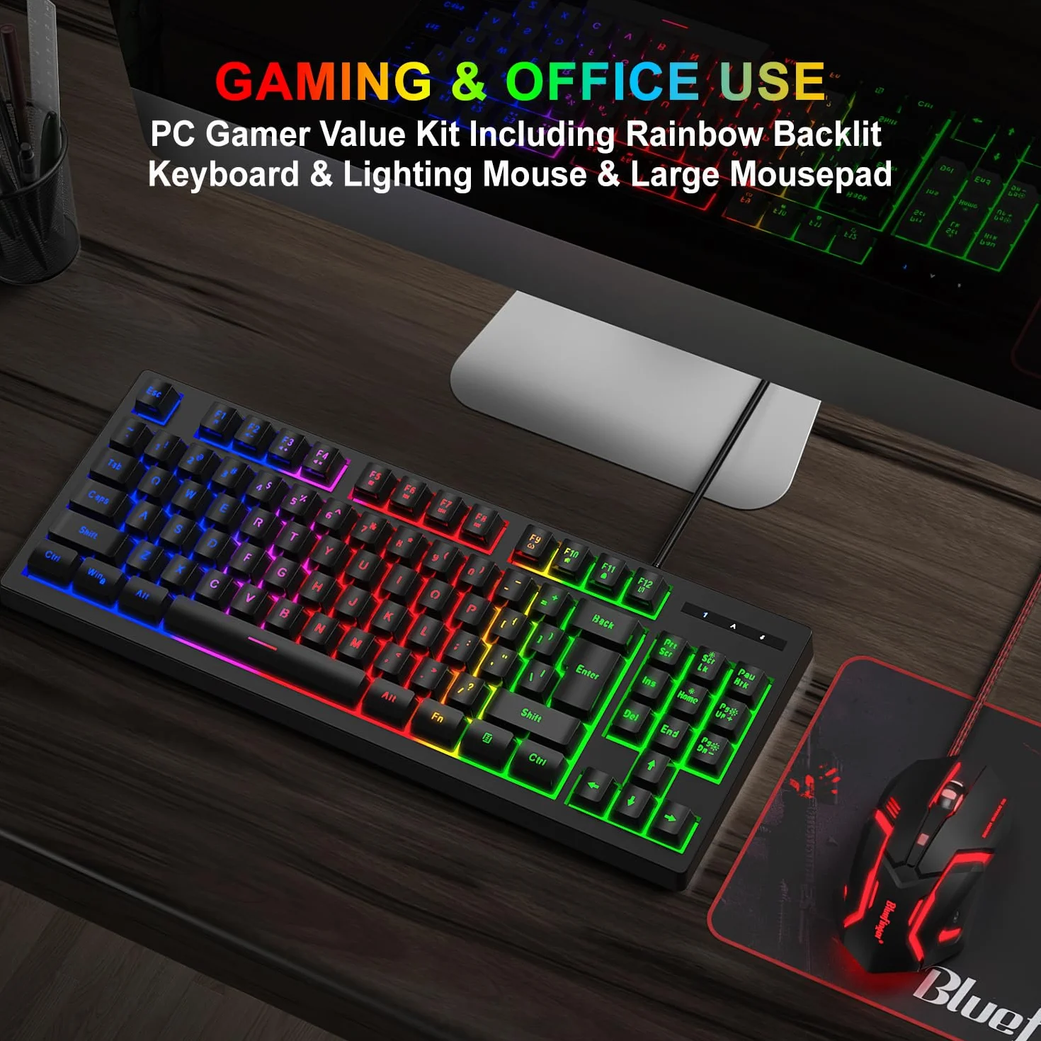 BlueFinger Combo de teclado RGB para juegos de 87 teclas y mouse retroiluminado, teclado arco iris con cable USB, juego de teclado para juegos de computadora portátil y trabajo
