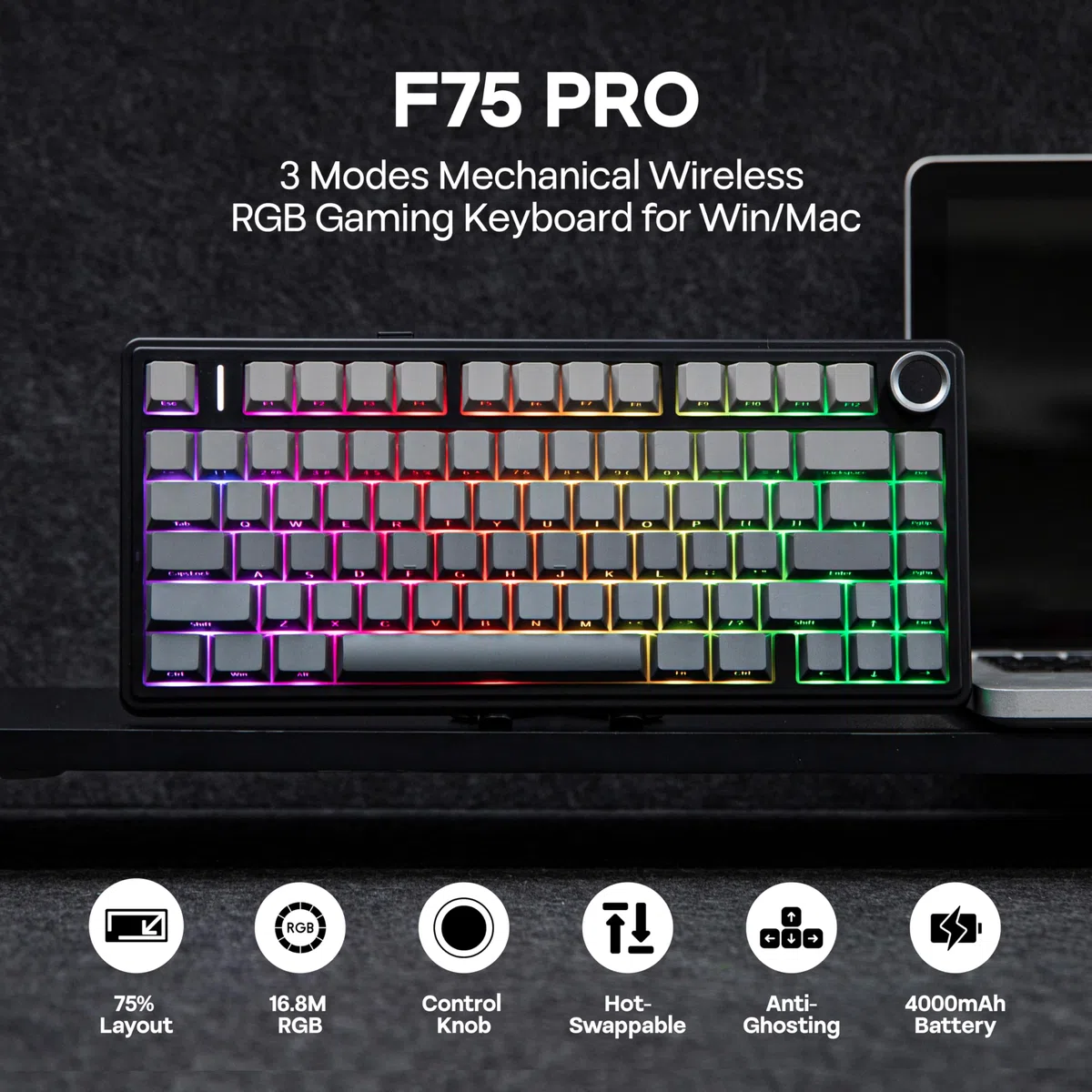 MechLands Aula F75 PRO - Teclado gaming inalámbrico 75%, teclado mecánico personalizado con montura Gasket y acolchado de cinco capas, Bluetooth/2.4GHz/USB-C, intercambiable en caliente, perilla, RGB