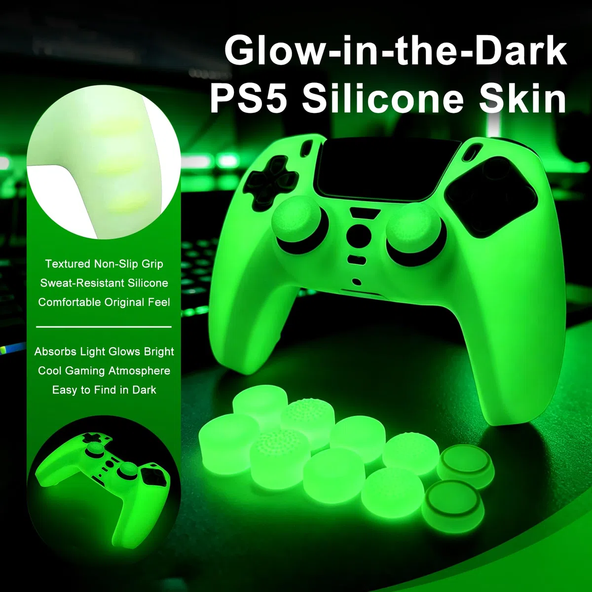PS5 Controller Skins Silicone Grip Glow in The Dark Housse de Protection pour Manette PS5 + 8 FPS Pro Thumb Grips + 2 Pcs Caps.