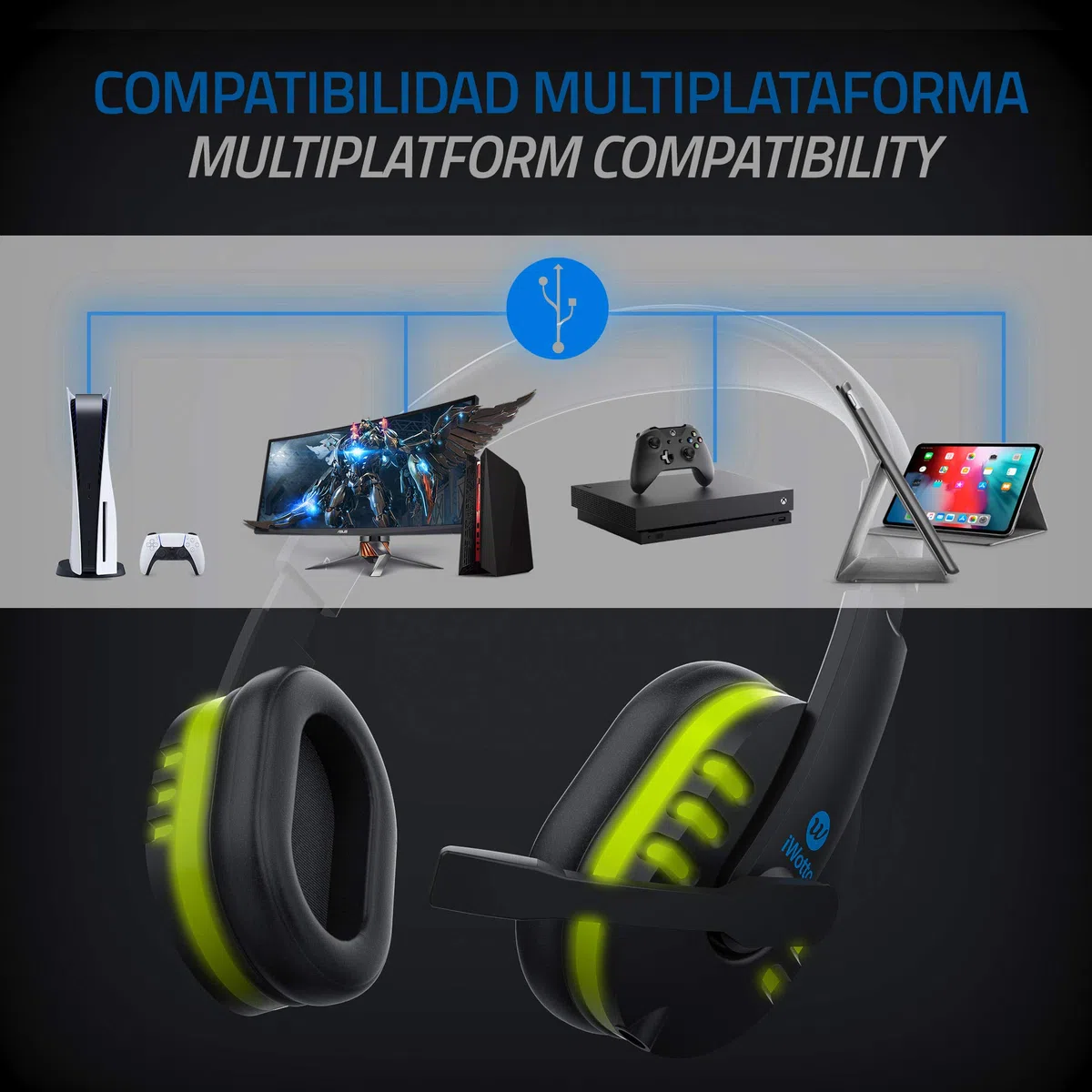 Cascos Gaming iWotto, Auriculares Gaming De Diadema Cancelación Ruido, Auriculares con Micrófono Flexible, Orejeras Cómodas Iluminación RGB para PS4 Xbox One PC Tablet