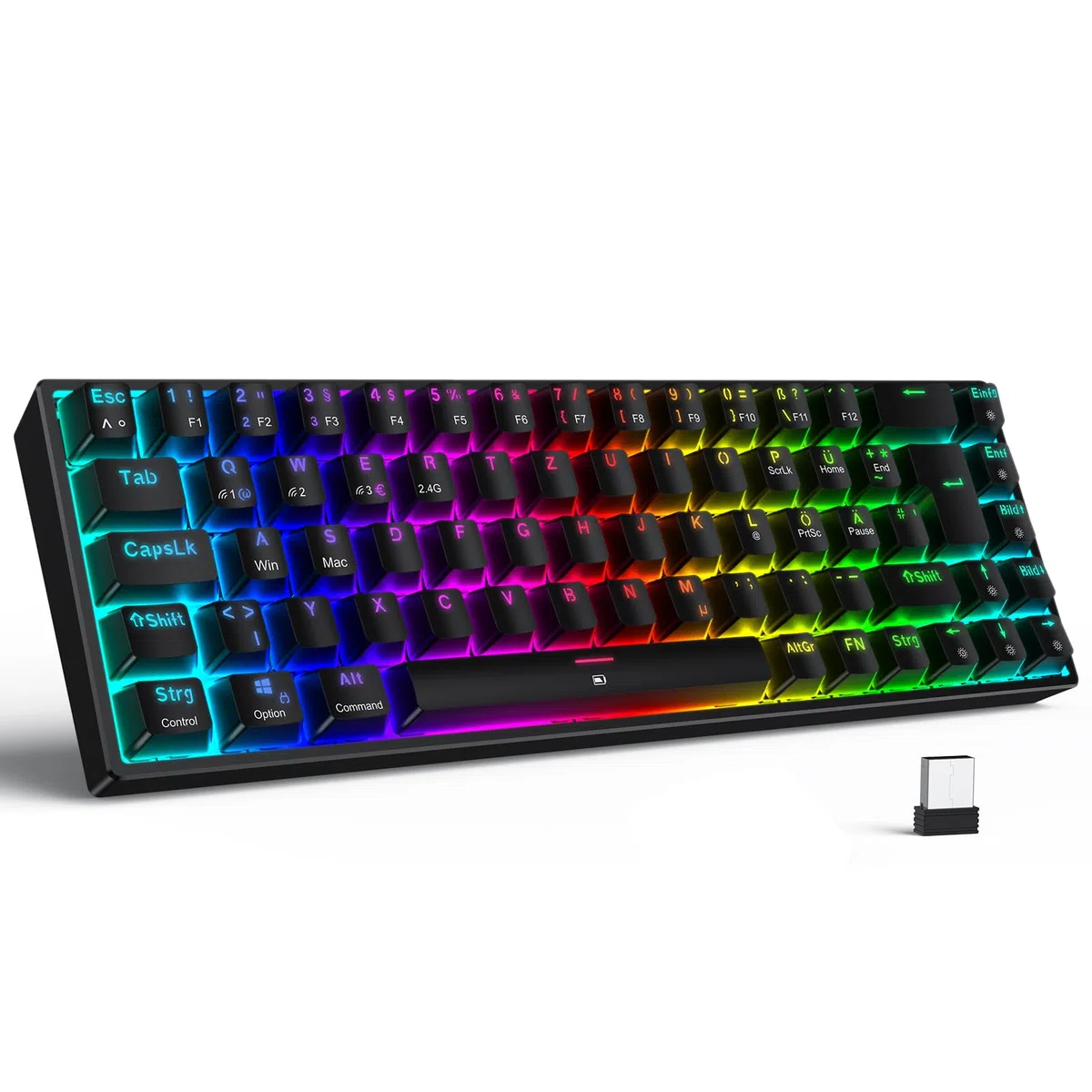 TECURS Teclado Gaming Inalámbrico Bluetooth Mecánico RGB 65% TKL QWERTZ, Luminoso Recargable Switch Rojo para PC Windows/Mac/PS5 Negro