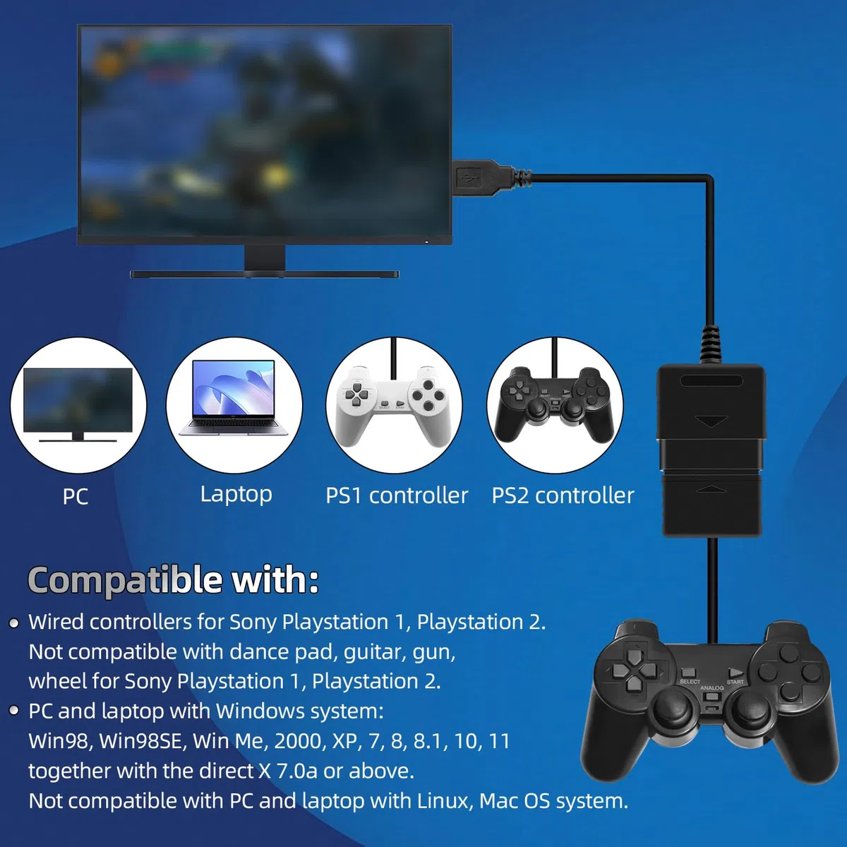 OSTENT Adaptador USB Cable Convertidor para Sony PlayStation 1/2 PS One PSX Mando con Cable Gamepad Joystick a PC Portátil