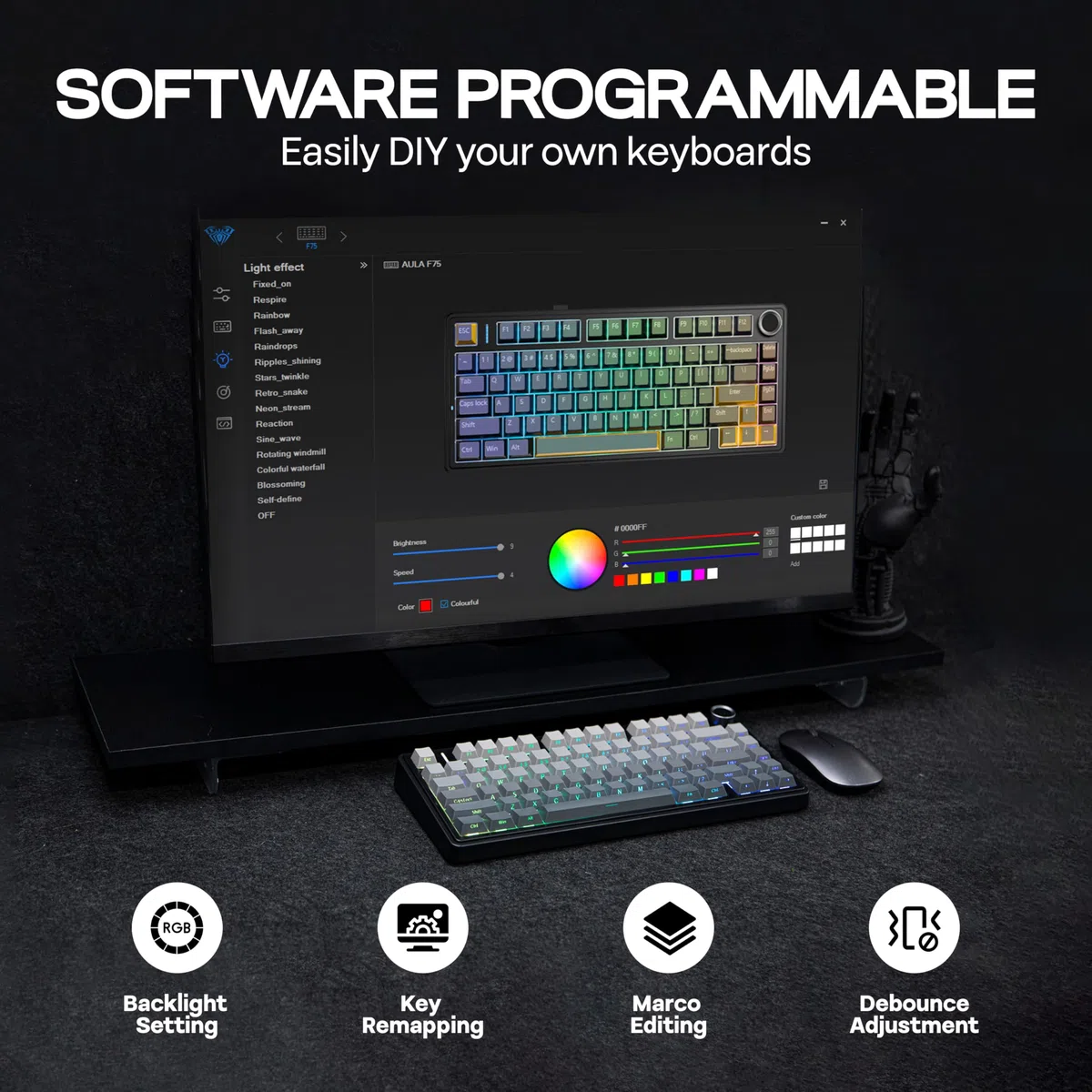 MechLands Aula F75 PRO - Teclado gaming inalámbrico 75%, teclado mecánico personalizado con montura Gasket y acolchado de cinco capas, Bluetooth/2.4GHz/USB-C, intercambiable en caliente, perilla, RGB