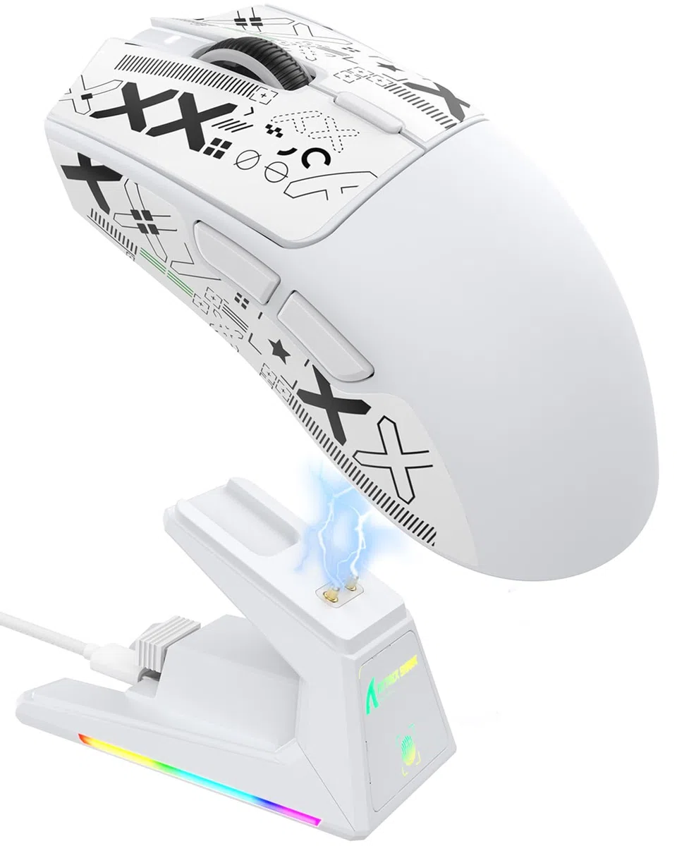 ATTACK SHARK X1 Ratón para Juegos con Base de Carga Magnética, Sensor PixArt PAW3395PRO, 40000DPI,49g Superligero, Bluetooth/2,4G Wireless/Wired, Microinterruptores de 100M para PC/Xbox/Mac (Blanco)