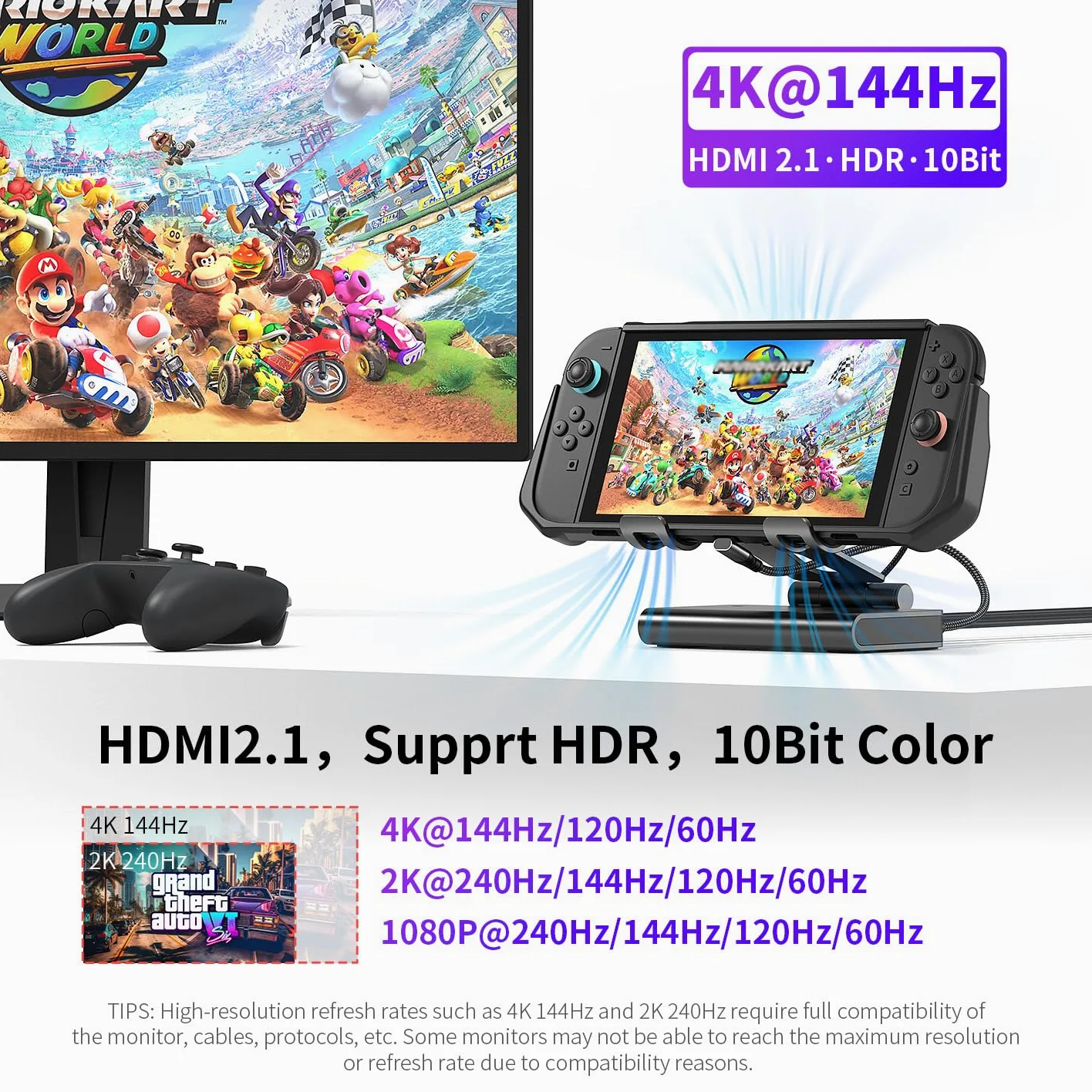 Base de Acoplamiento magnética con Doble Ventilador 4K@144Hz – PD 100W y Gigabit para ROG Xbox Ally/X, ROG Ally/X, Switch 2/1, Steam Deck (OLED), Claw/Claw 8, Legion Go y OneXPlayer