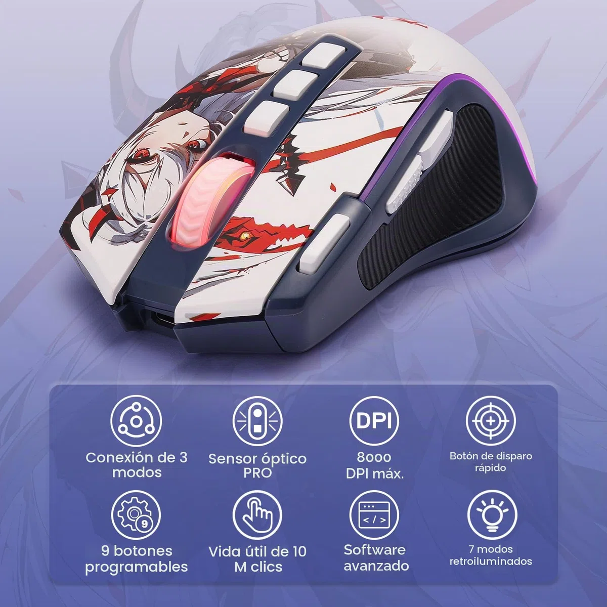 Redragon M612AK Pro Ratón Gaming Anime RGB Inalámbrico 8000 dpi | 9 Botones Programables 7 Modos Retroiluminación BT 2.4G Botón Fuego Rápido Software