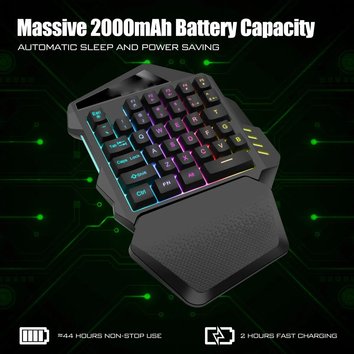 ASHATA Teclado para Juegos con una Sola Mano, Mini RGB Retroiluminado Colorido 2.4G Teclado Inalámbrico para Juegos para PC Gamer, con Reposamuñecas Desmontable, 35 Teclas