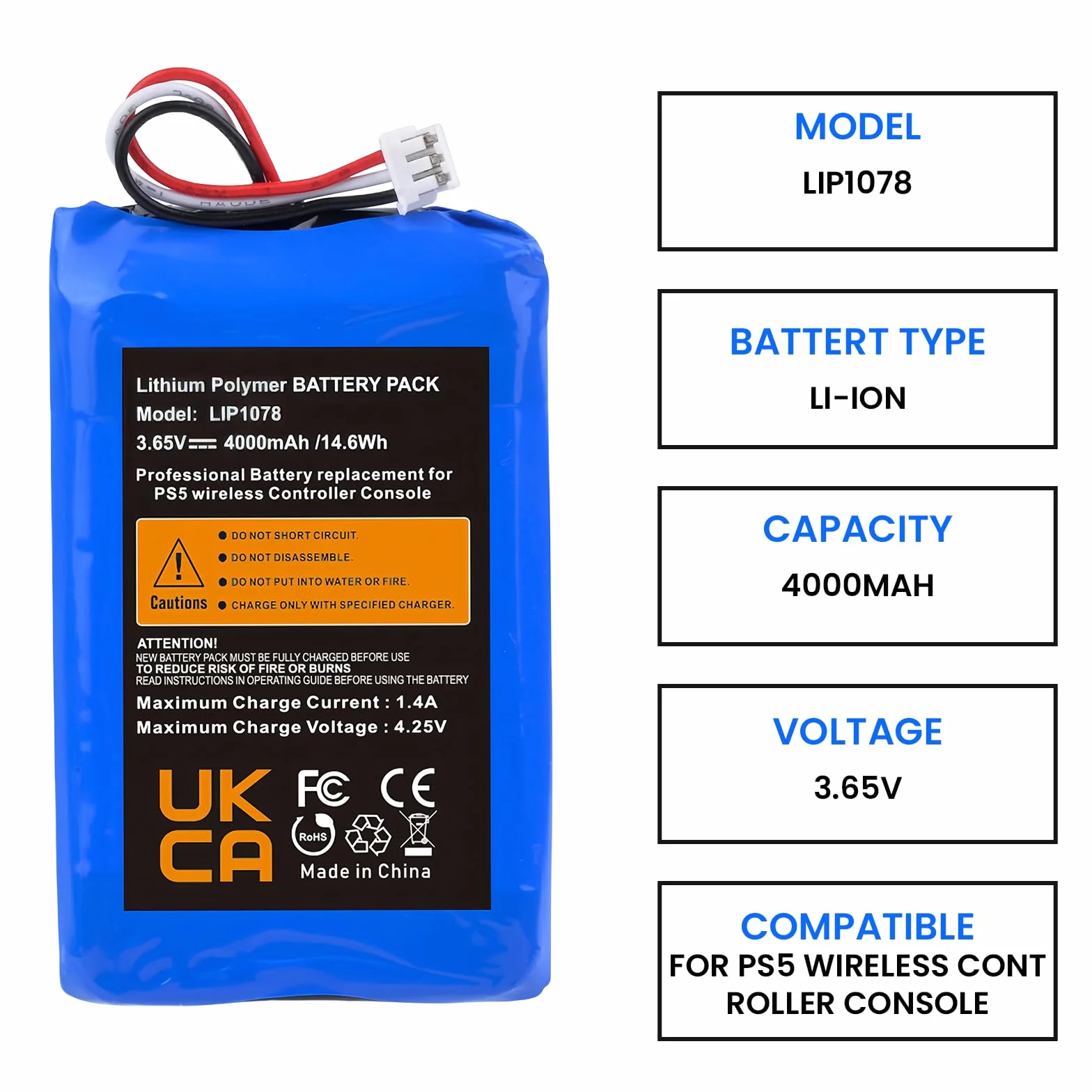 Batería para mando PS5, 4000 mAh, 3,65 V, LIP1078, batería de repuesto para PS5 PlayStation 5 DualSense