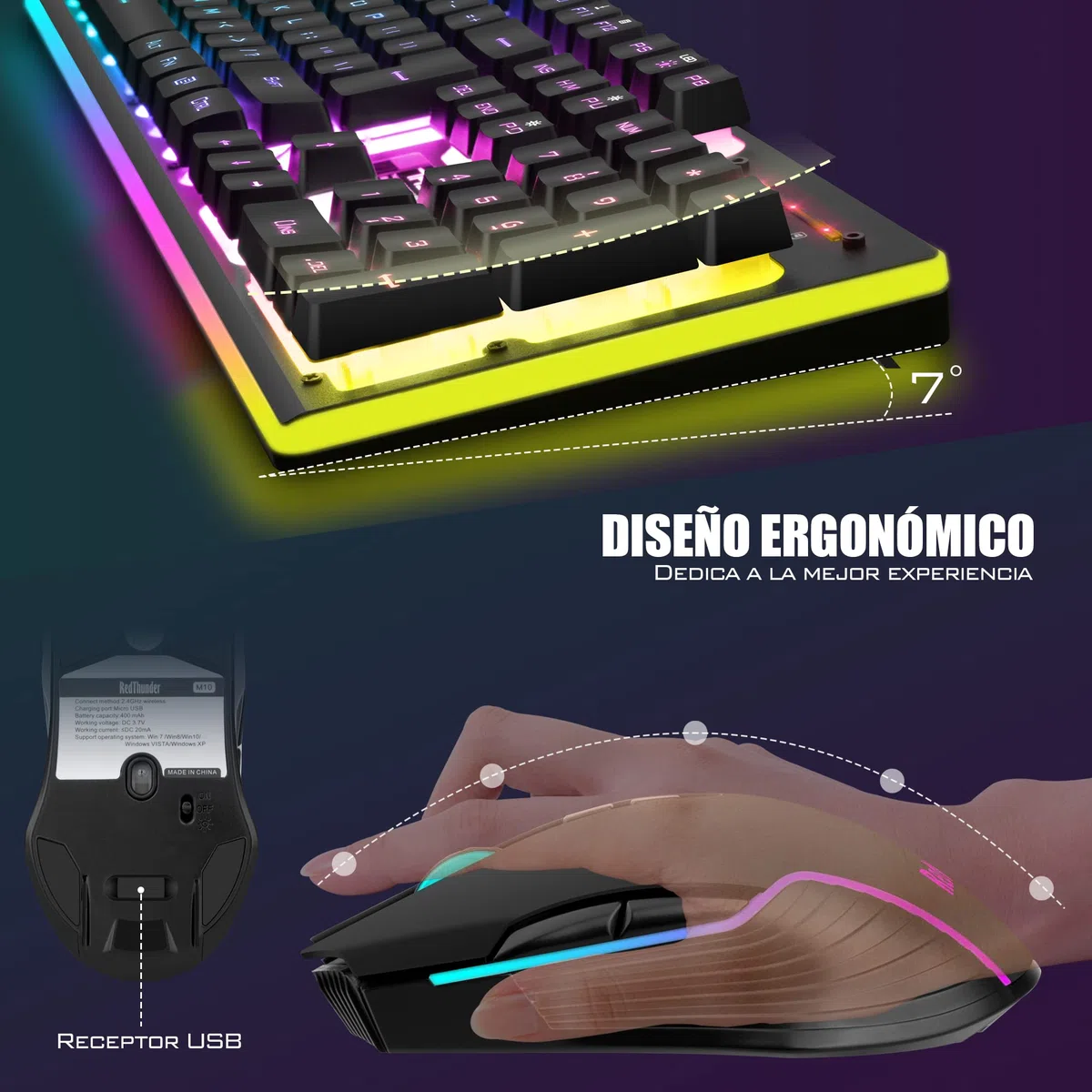 RedThunder K10 Teclado Gaming Sensación Mecánico lnalámbrico,Retroiluminación RGB,Batería Recargable de 3800 mAh, Anti-ghosting+Ratón 7D 3200DPI,Disposición ES,para PC/PS5/Xbox-Negro