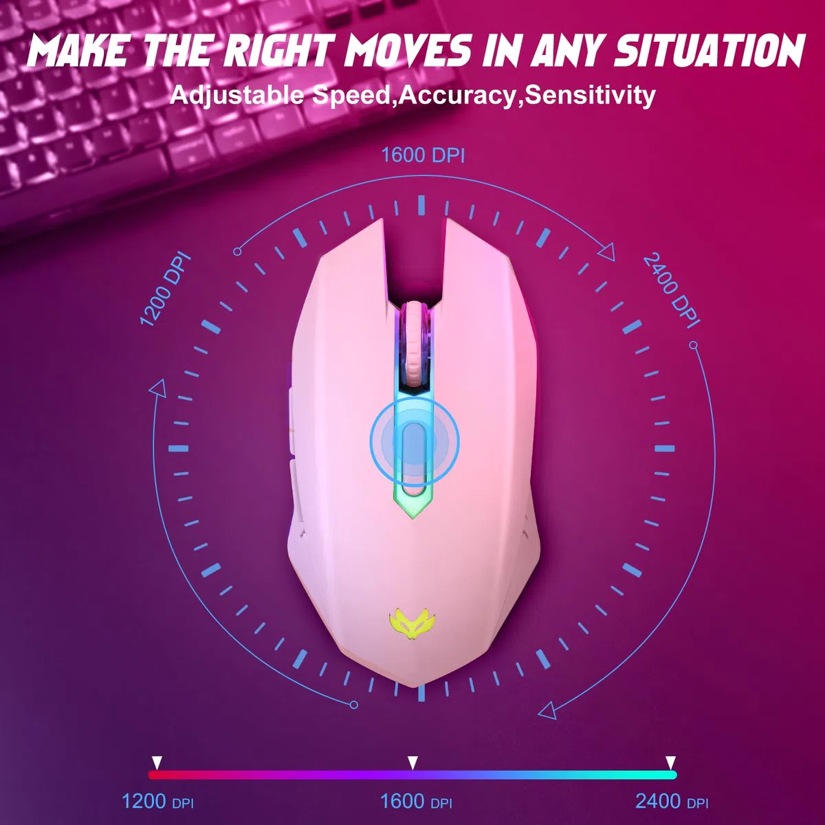 Ratón inalámbrico para juegos, mouse inalámbrico recargable para computadora, luz LED de 7 colores, mouse ergonómico con 6 botones de clic silenciosos, 3 mouse inalámbrico ajustables de