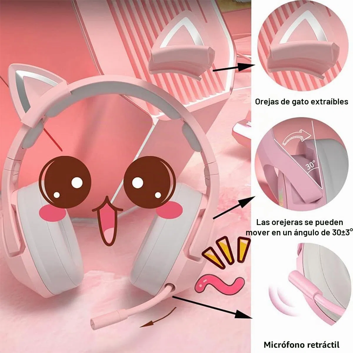 Auriculares Para Juegos Gaming Headset 3.5mm Cable con Orejas de Gato Rosa