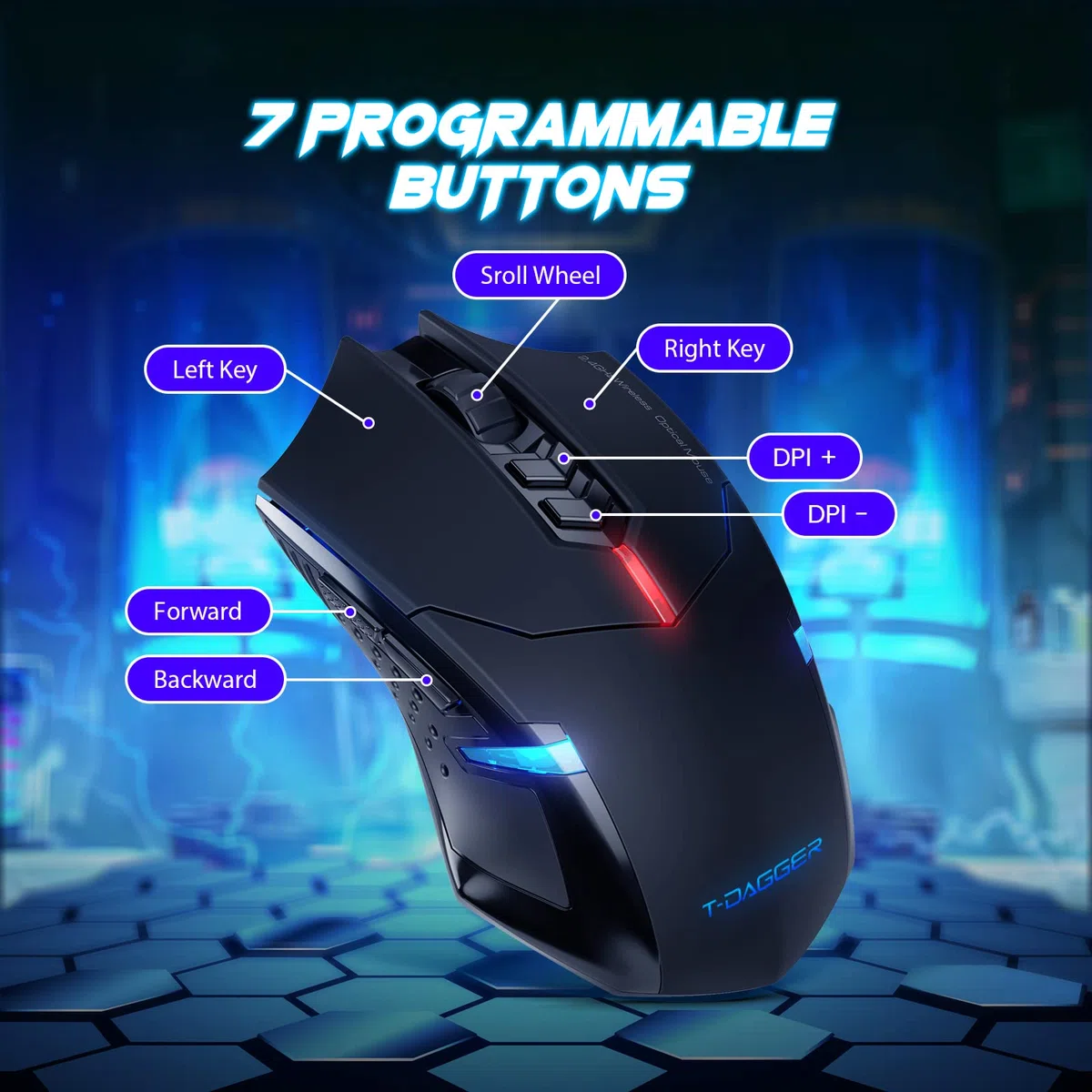 T-DAGGER Ratón inalámbrico para Juegos - Ratones inalámbricos USB para computadora con retroiluminación LED roja, Mouse ergonómico silencioso para Laptop con 7 Botones de Clic silenciosos, 5 dpi