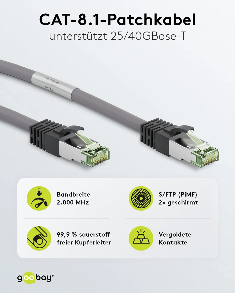 Goobay 55135 RJ45 cable de conexión CAT 8.1 / enchufe RJ45 / 8K Gaming PS5 Playstation 5 & Xbox / 2.000 MHz/cable de red OFC/cable DSL/Gris/Cable LAN 0,5 m
