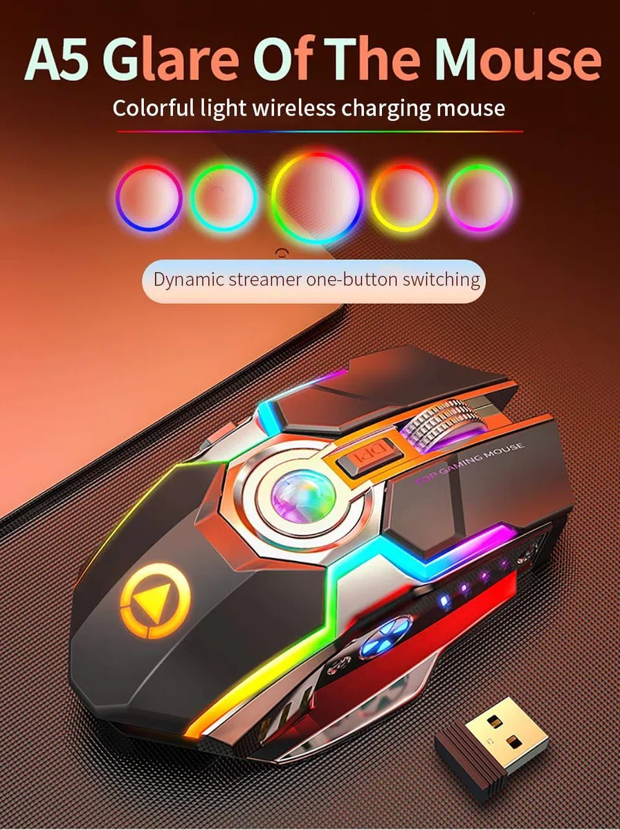 Ratón inalámbrico para juegos de carga ergonómico silencioso de 7 botones RGB retroiluminado 1600 DPI, adecuado para jugadores portátiles Negro