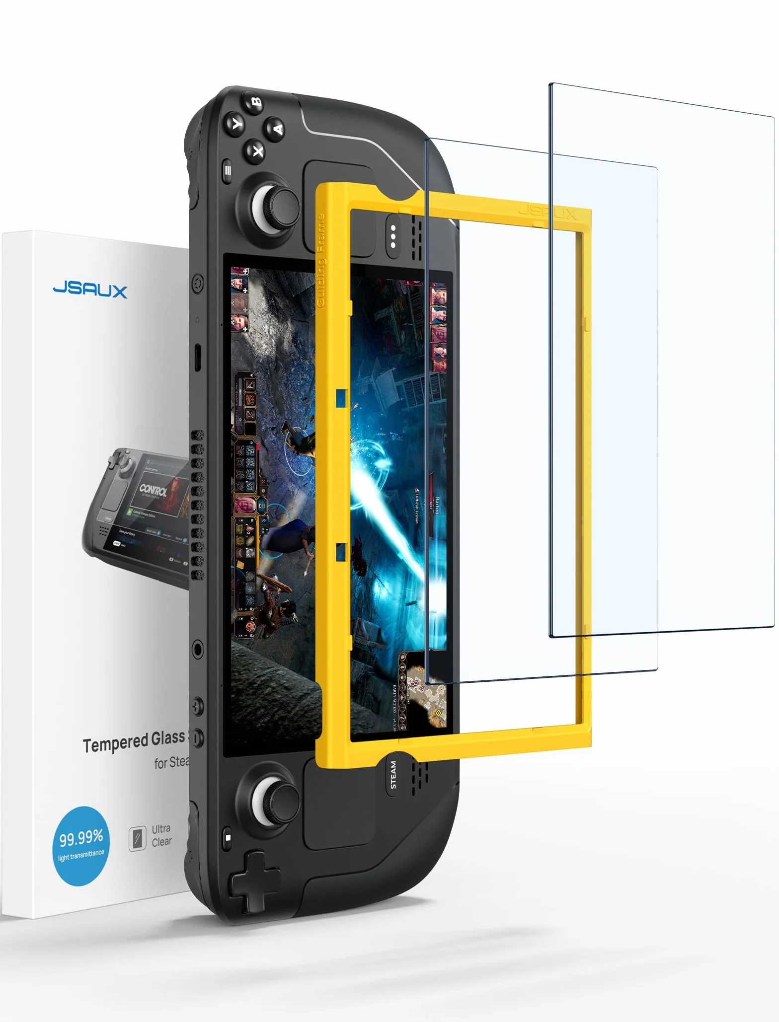 JSAUX Protector Pantalla Anti-reflejos para Steam Deck LCD & OLED [2 Piezas], Cubierta integral de Cristal Templado, Fácil de Instalar con Marco guía (Versión Mejorada)