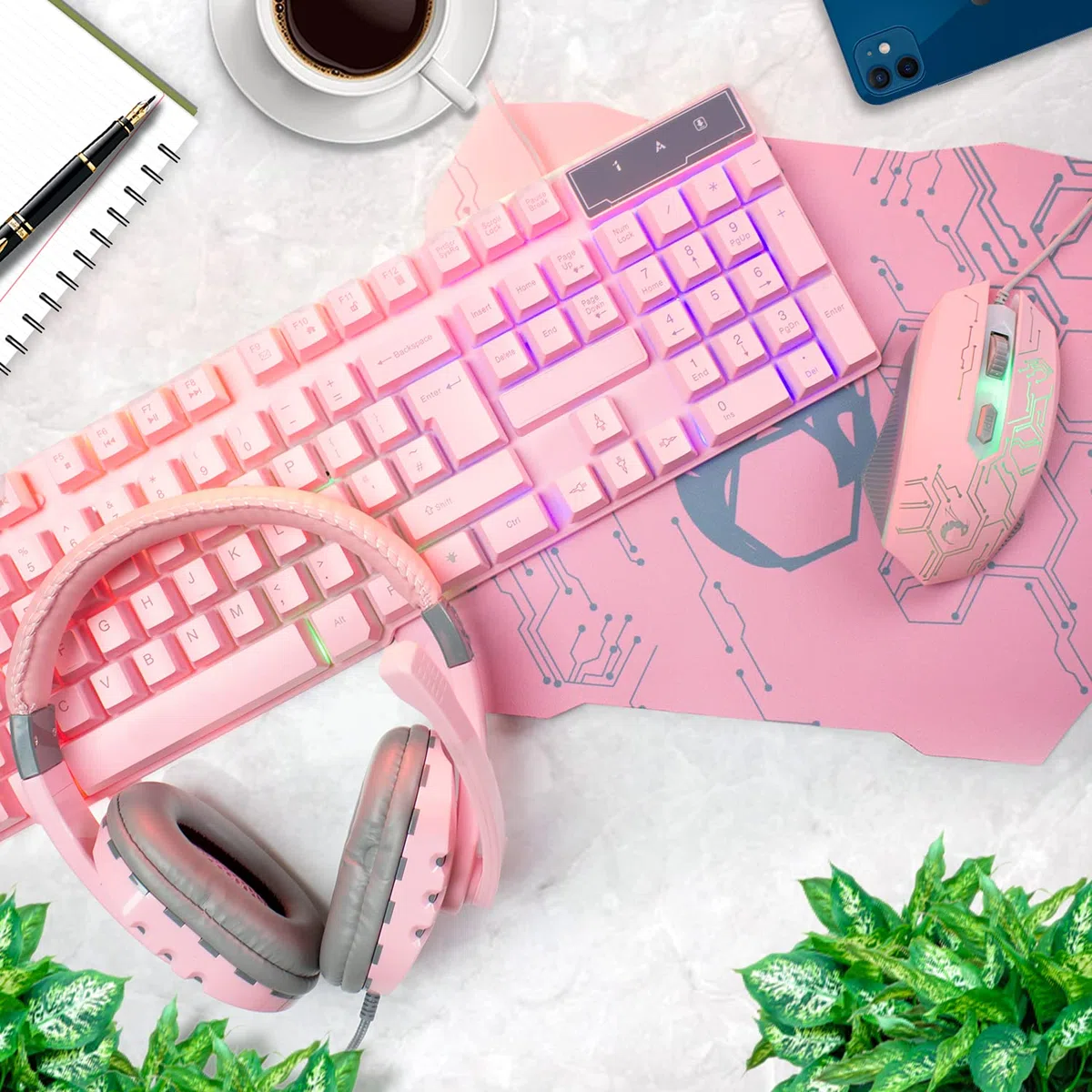 Teclado y mouse rosa para juegos, auriculares y alfombrilla de mouse con cable, retroiluminación LED RGB, accesorios de PC rosa para jugadores y usuarios de Xbox y PS4, PS5, Nintendo Switch, edición 4