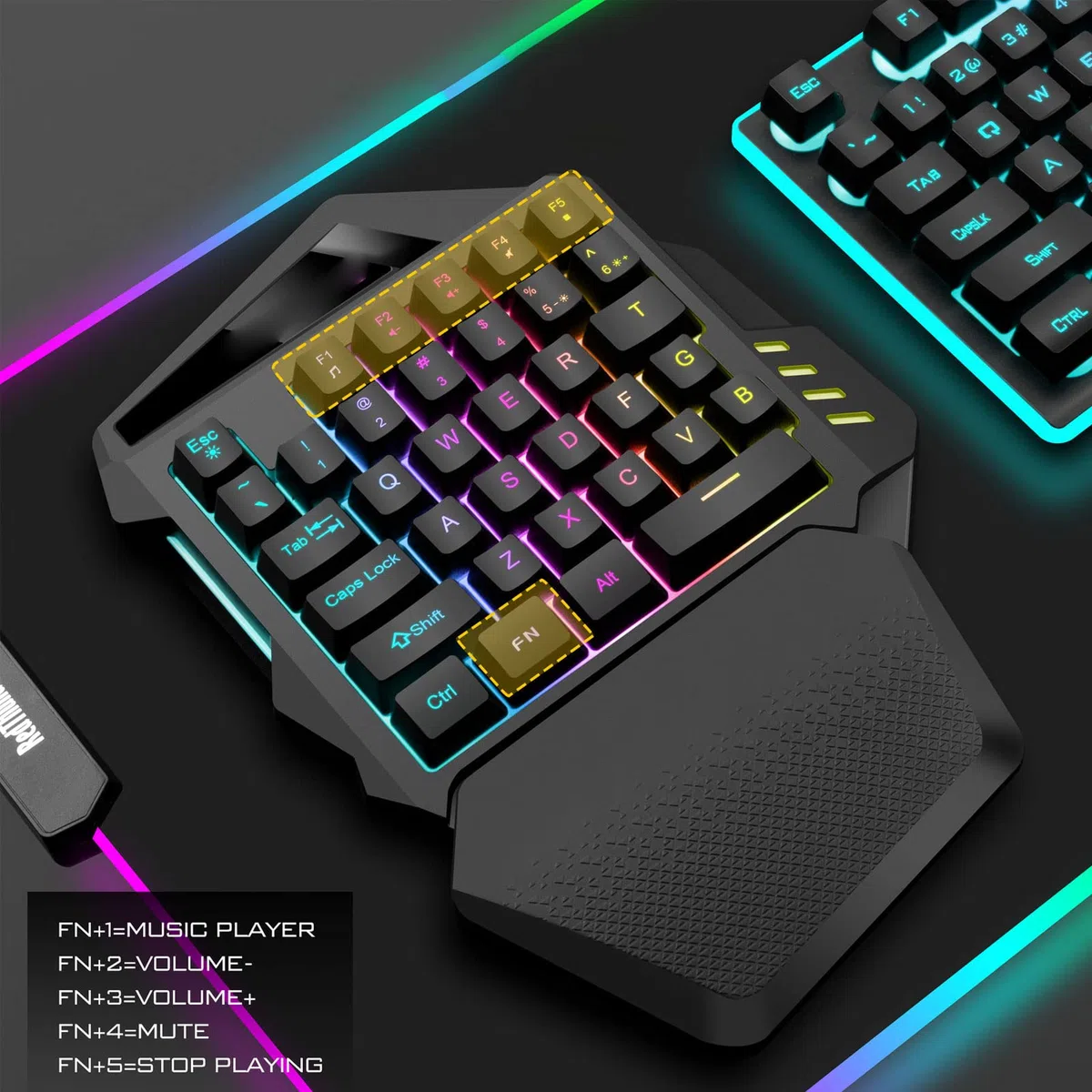 ASHATA Teclado para Juegos con una Sola Mano, Mini RGB Retroiluminado Colorido 2.4G Teclado Inalámbrico para Juegos para PC Gamer, con Reposamuñecas Desmontable, 35 Teclas